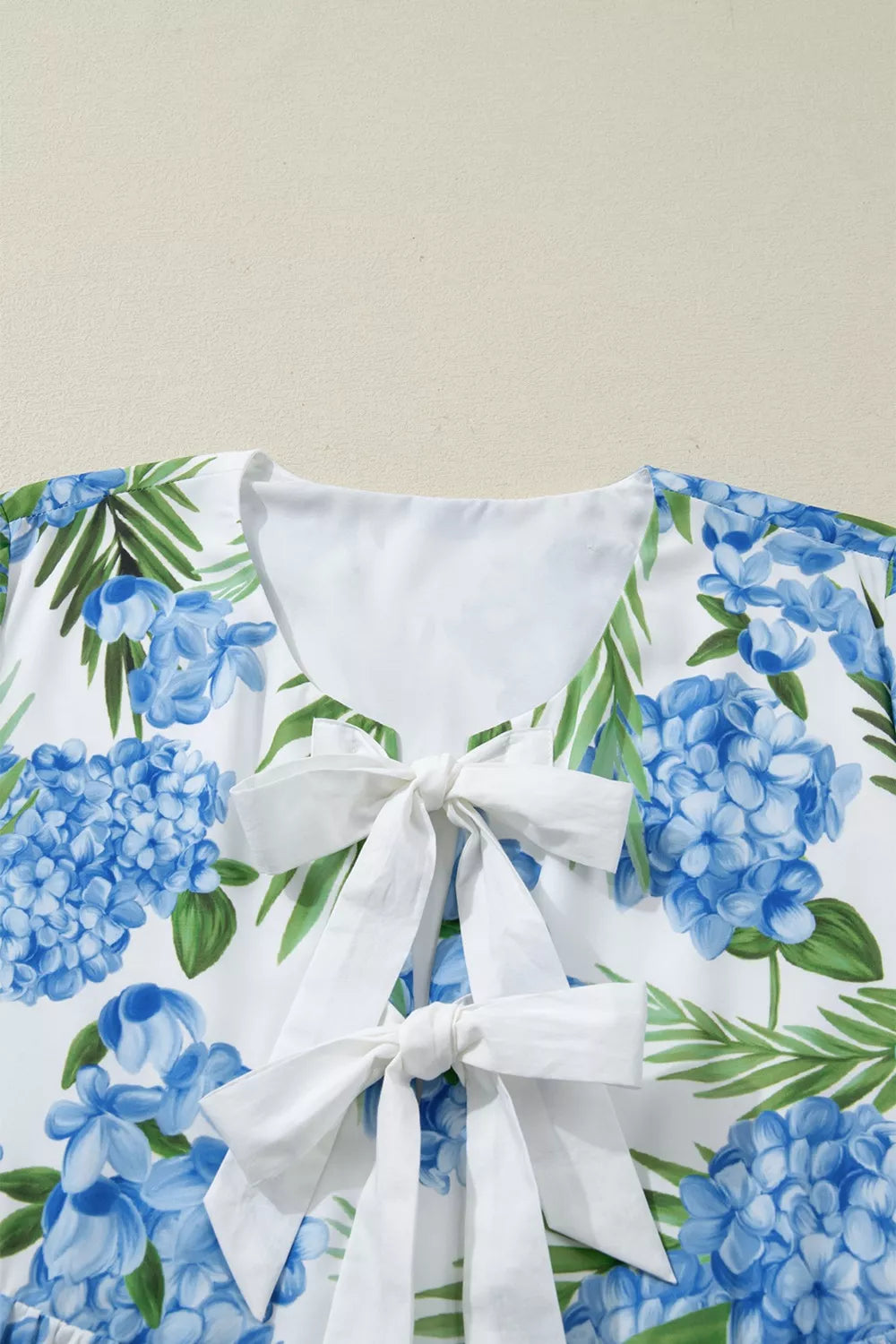 Palm Floral Print Contrast Ribbon Knot Ruffle Tiered Sleeve Mini Dress