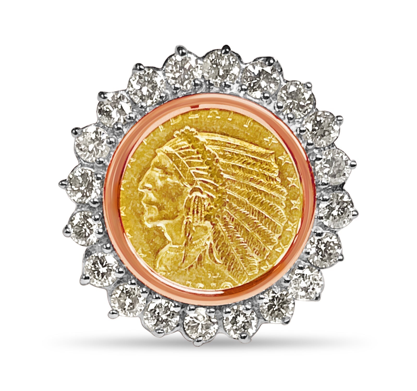 Diamond Fancy Solid White/Yellow/Rose Gold Handmade Coin Ring , Indian Head Coin , - Overture Gifts
