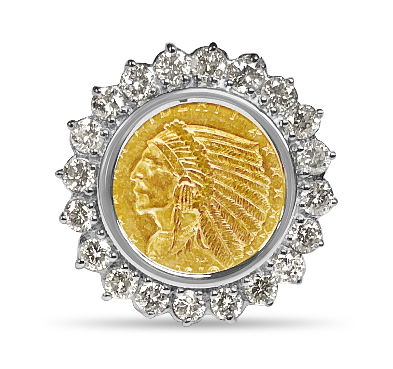 Diamond Fancy Solid White/Yellow/Rose Gold Handmade Coin Ring , Indian Head Coin , - Overture Gifts