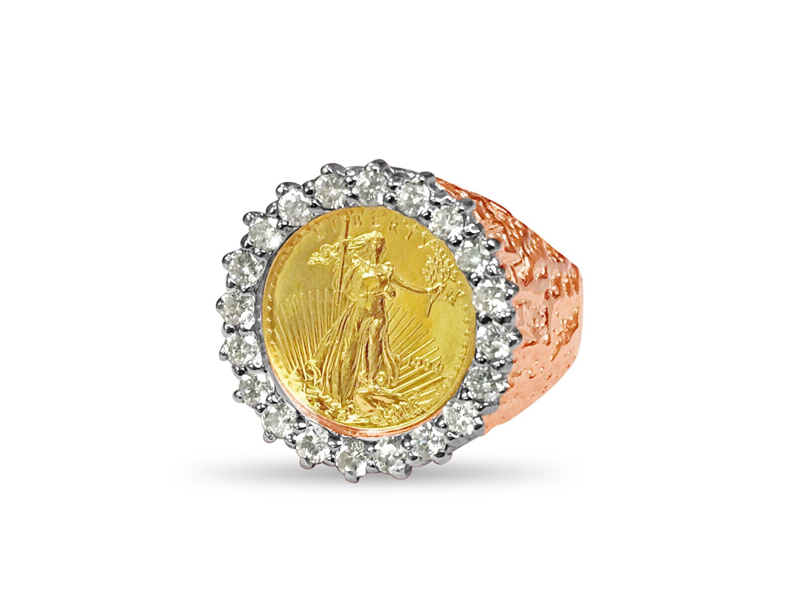 Diamond Nugget Solid White/Yellow/Rose Gold Handmade Coin Ring , 1/10oz Coin , - Overture Gifts