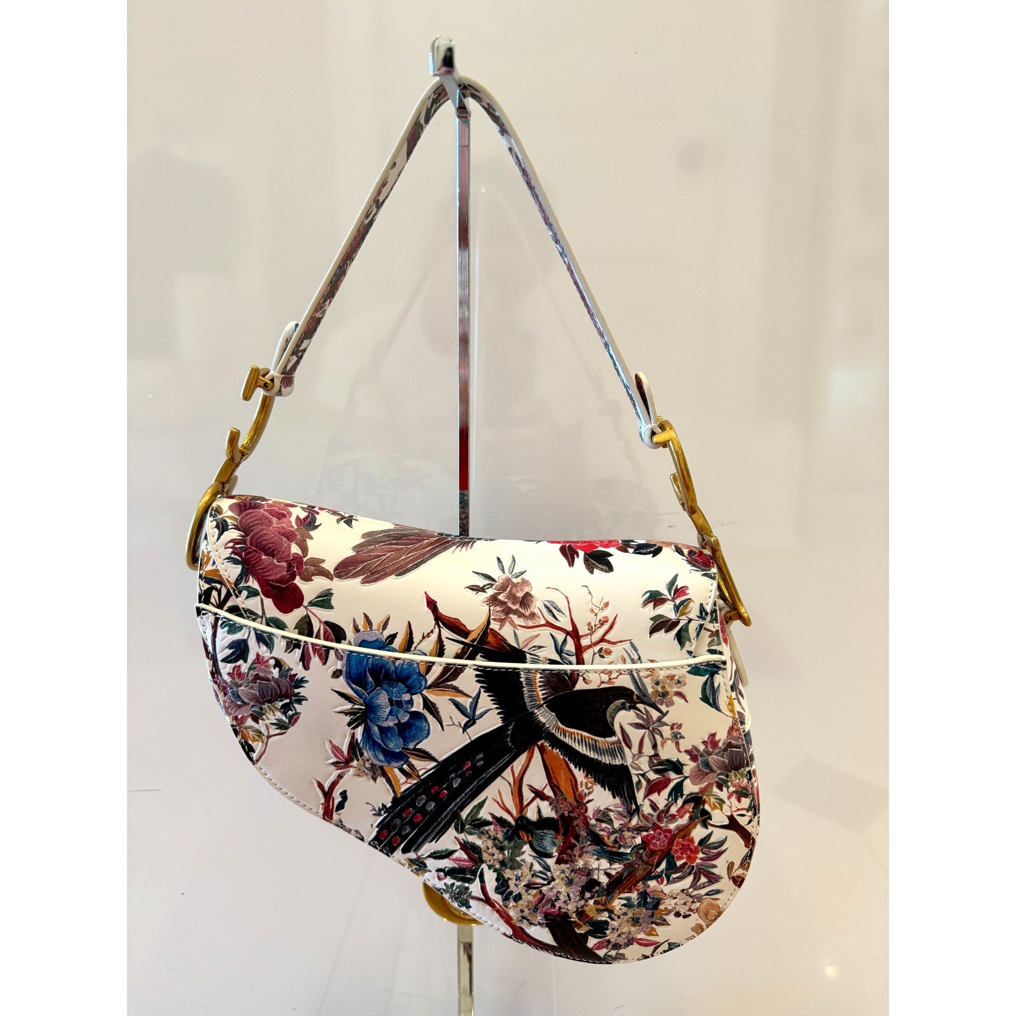 Dior Saddle Floral Bird Print Leather Crossbody Bag with Gold Charm