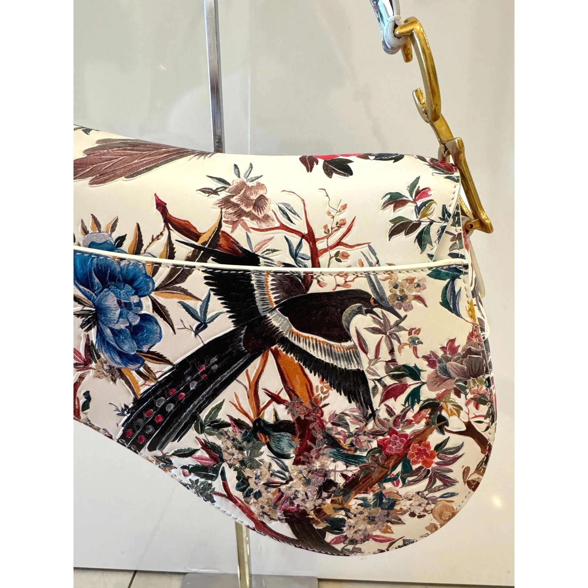 Dior Saddle Floral Bird Print Leather Crossbody Bag with Gold Charm