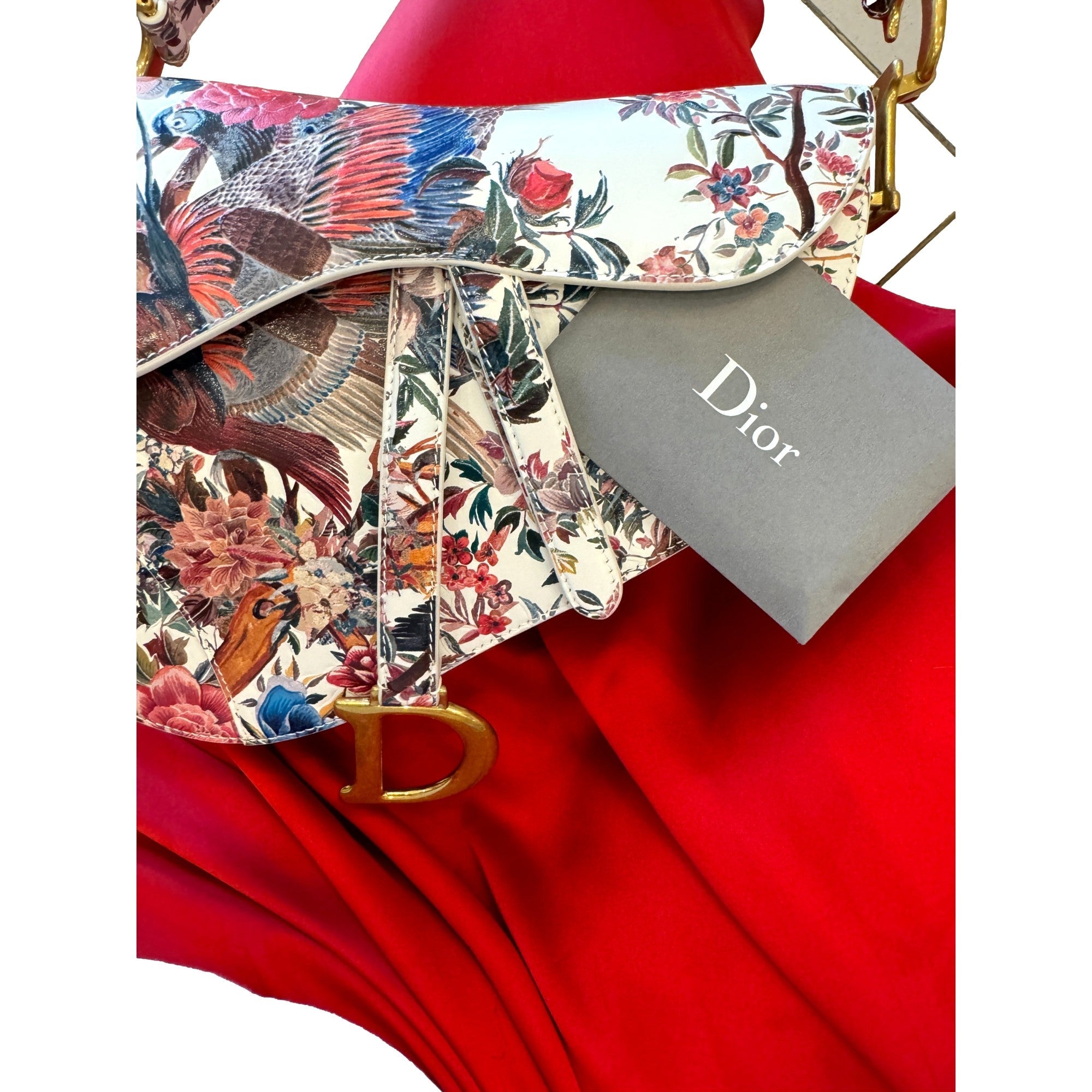 Dior Saddle Floral Bird Print Leather Crossbody Bag with Gold Charm