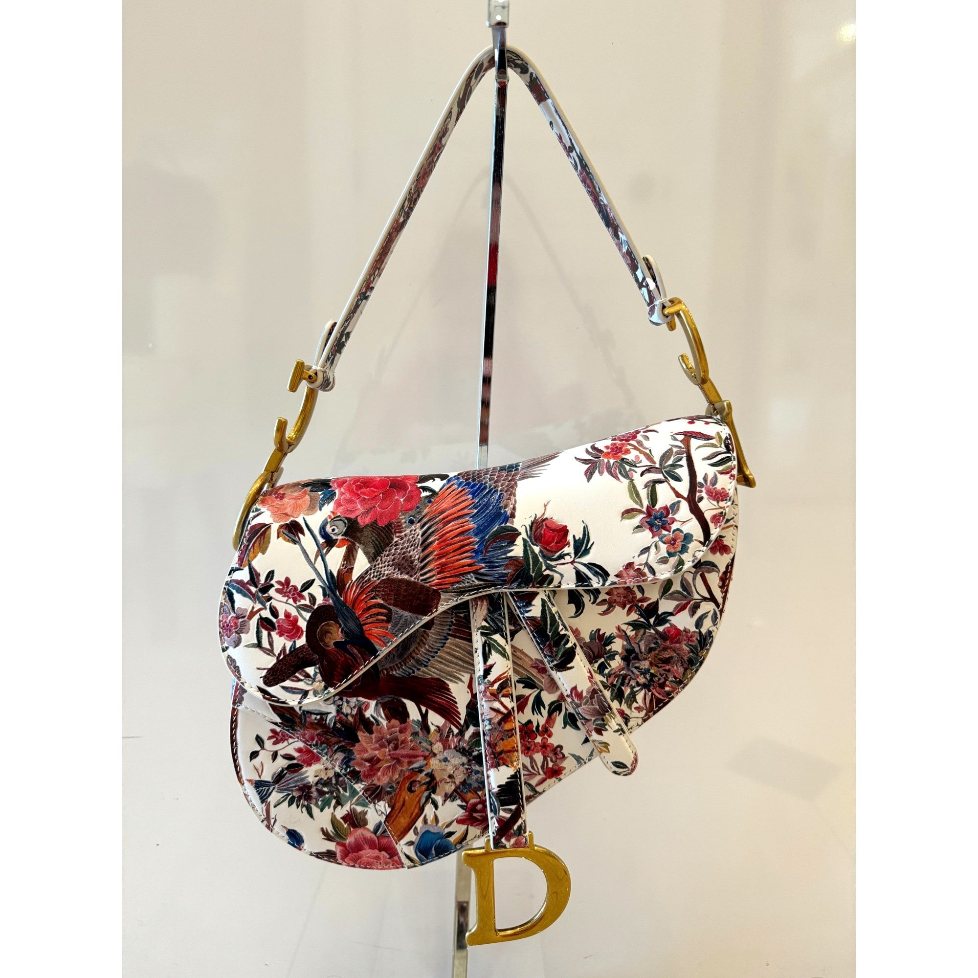 Dior Saddle Floral Bird Print Leather Crossbody Bag with Gold Charm