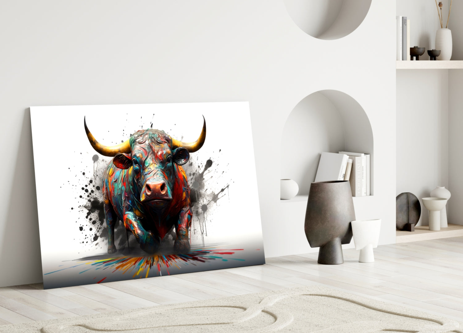 Rainbow Bull White Splash Glass Wall Art