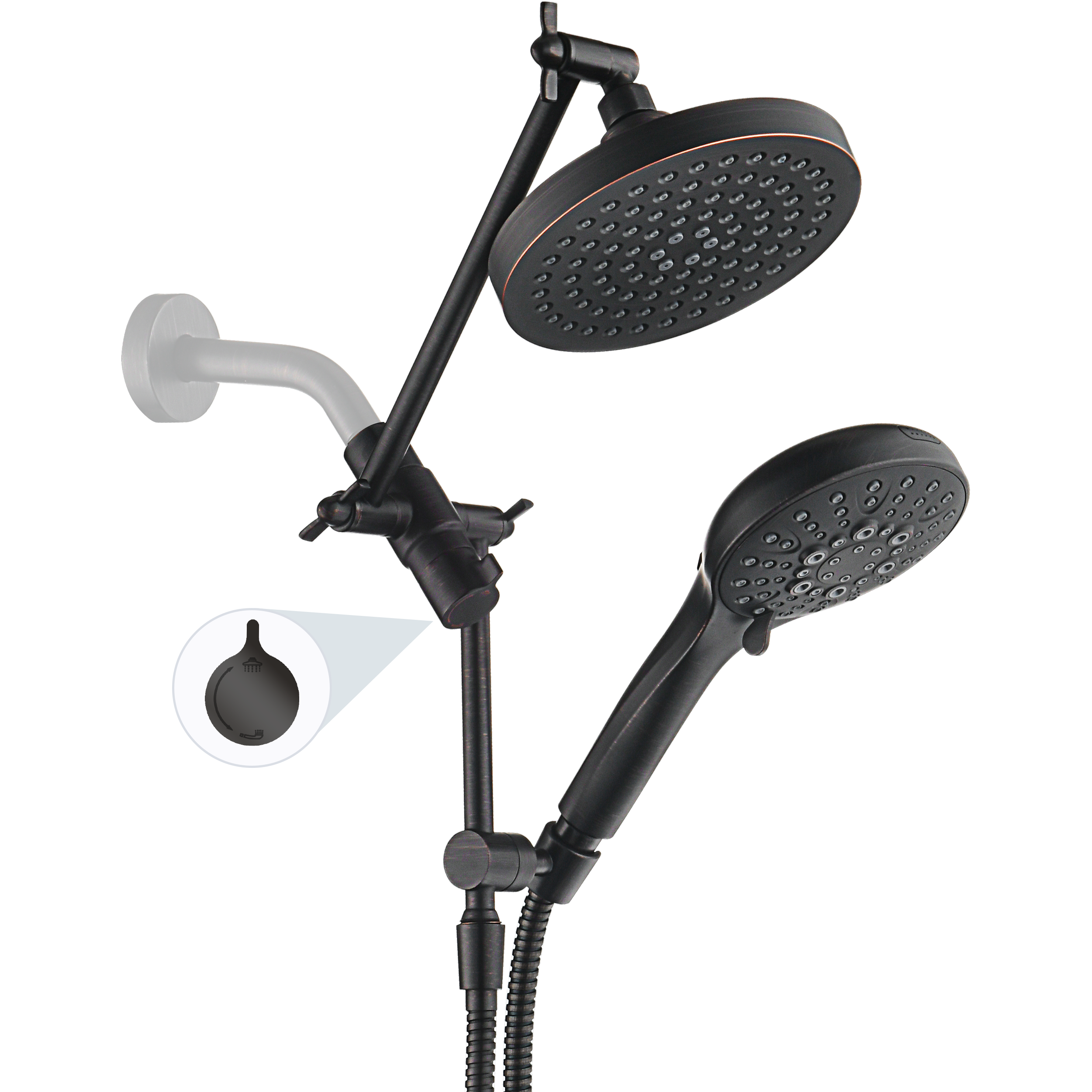 Dual Shower Head with Adjustable Extension Arm, 3-Way Diverter and Hose