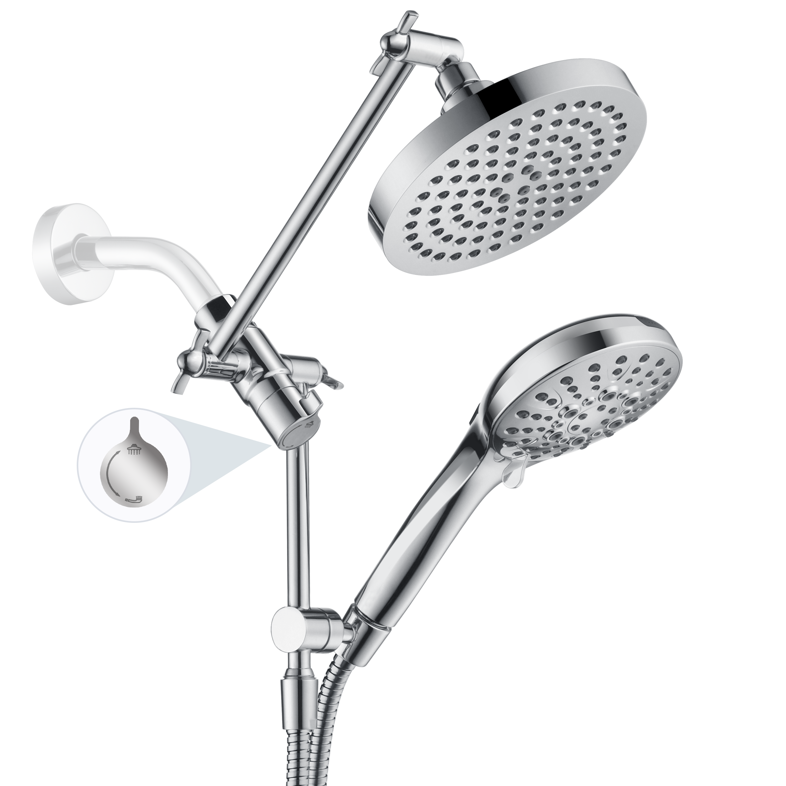 Dual Shower Head with Adjustable Extension Arm, 3-Way Diverter and Hose