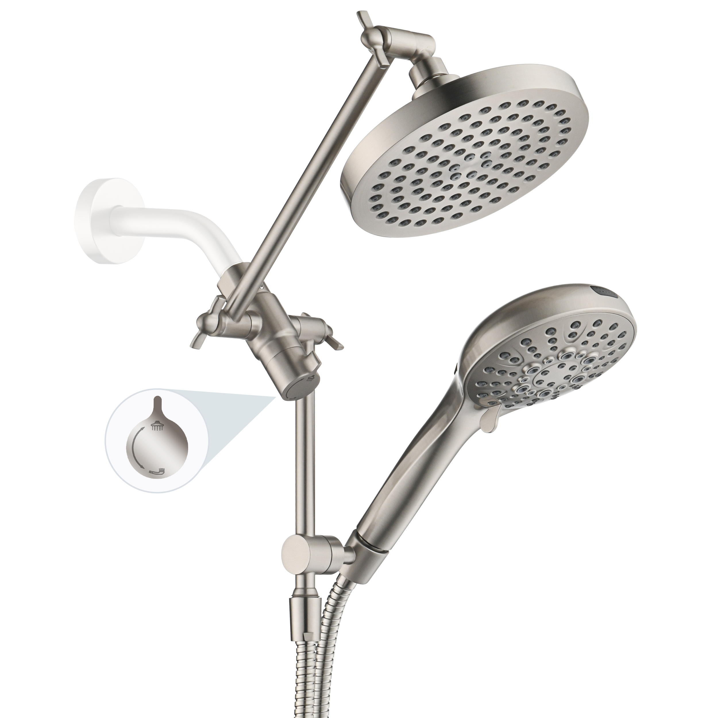 Dual Shower Head with Adjustable Extension Arm, 3-Way Diverter and Hose