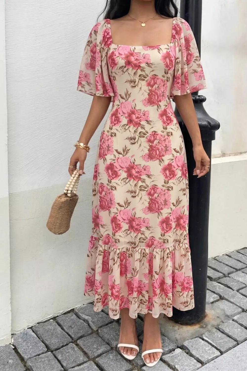 Floral Print Ruffle Hem Flutter Sleeve Dress