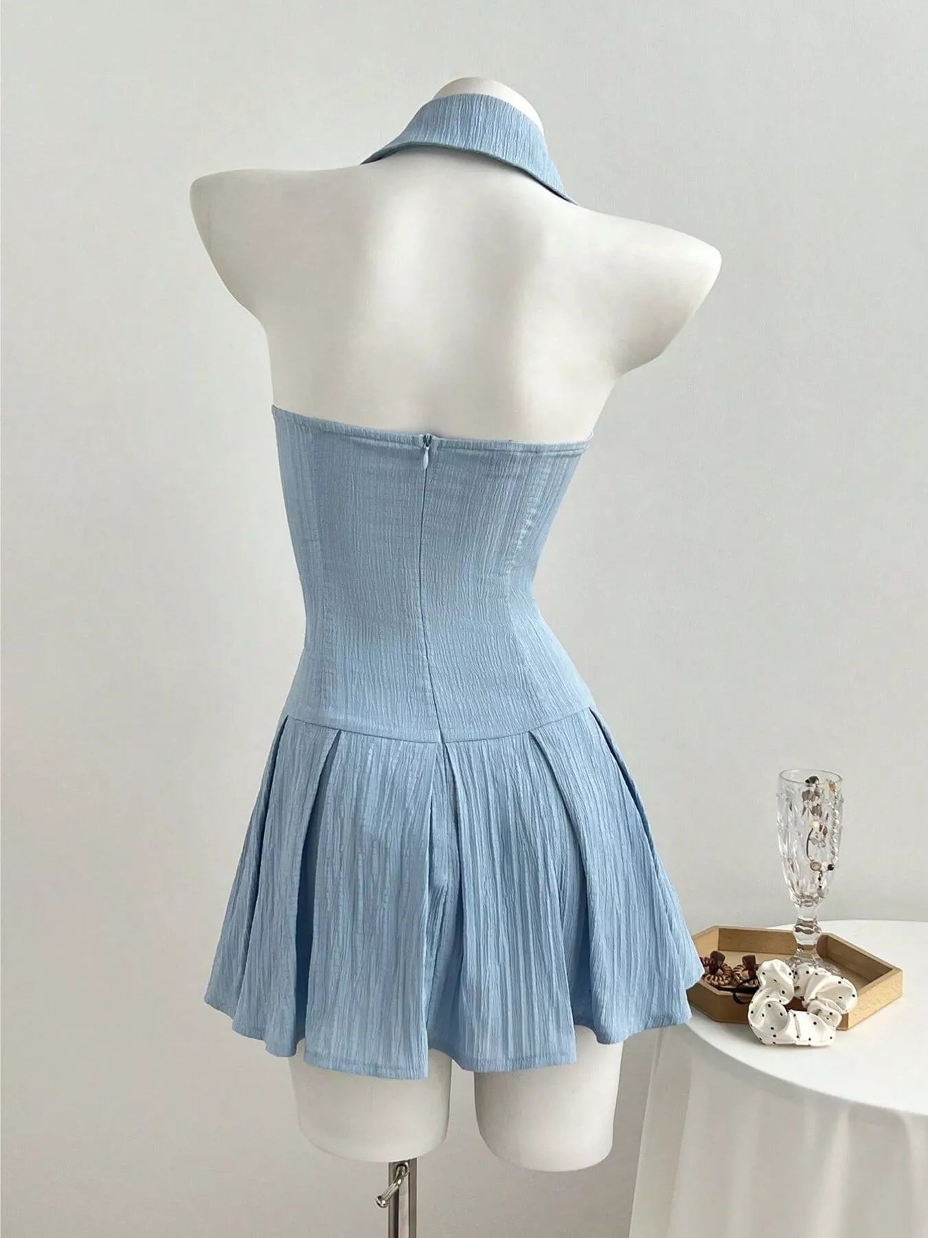 Halter Neck Bow Tie Pleated Mini Dress