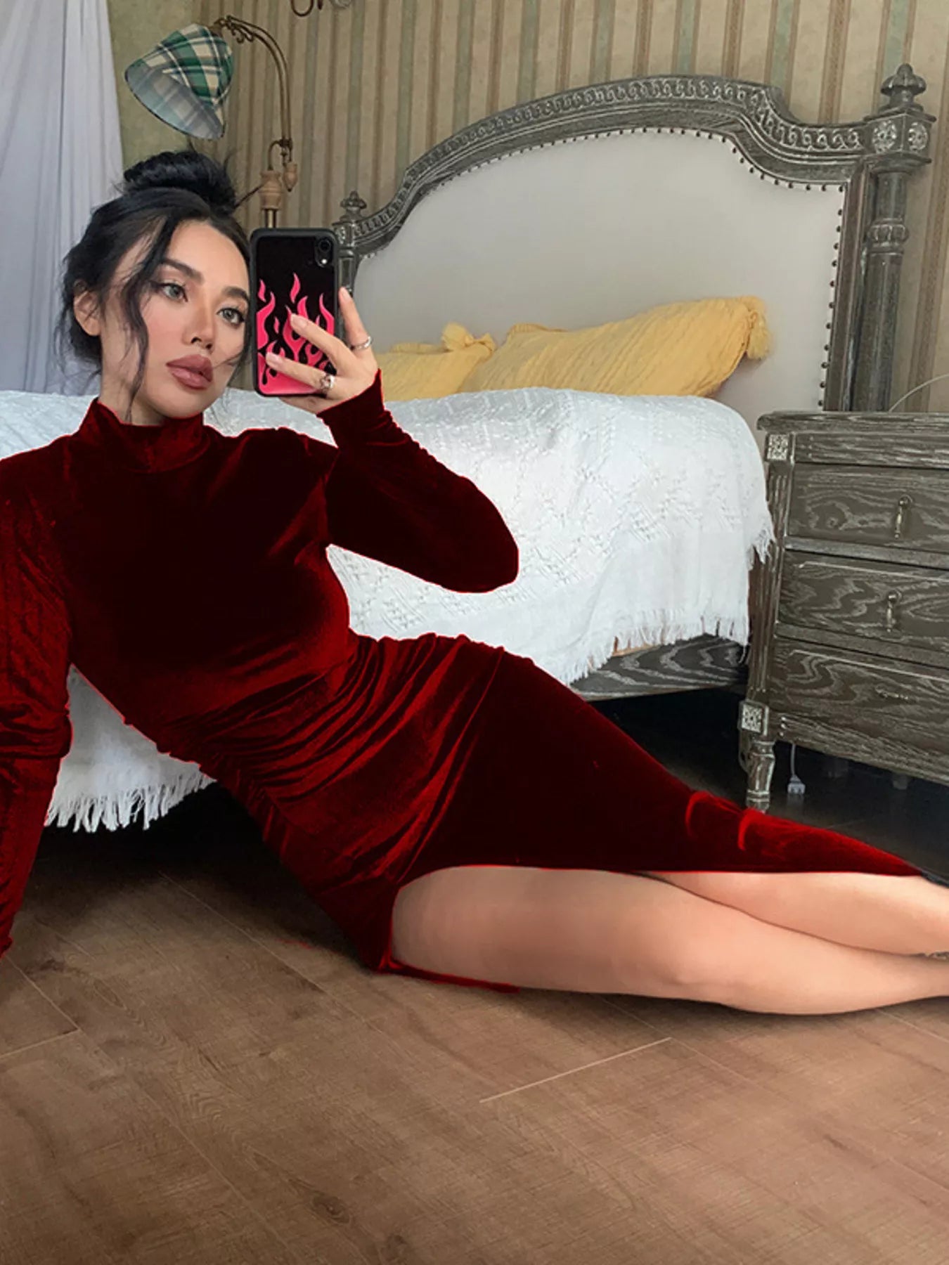 Velvet High-Neck Slit Dress