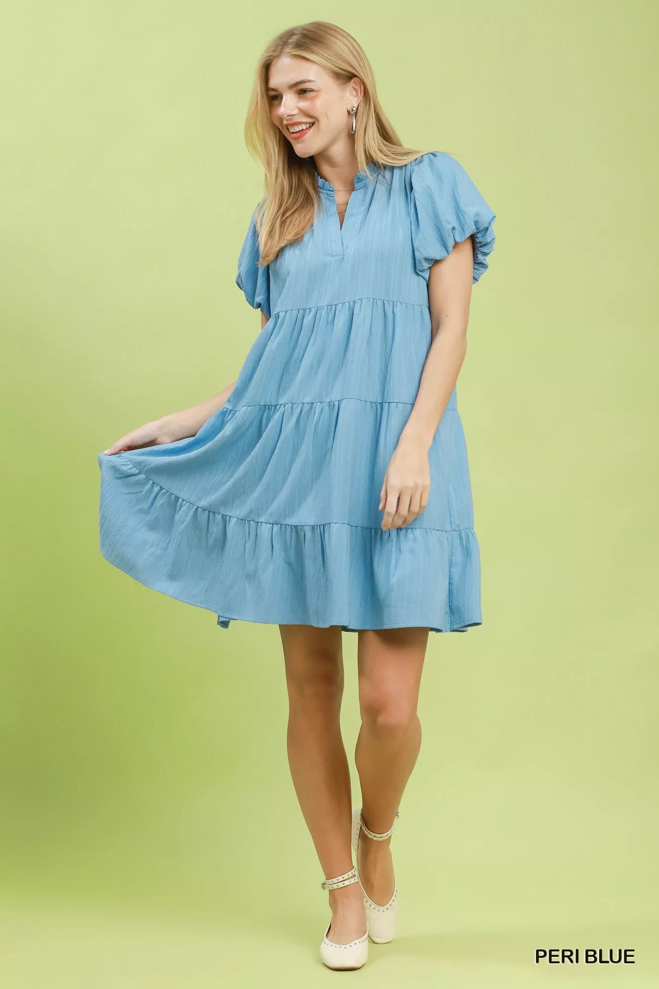 Umgee Puff Sleeve Tiered Babydoll Dress
