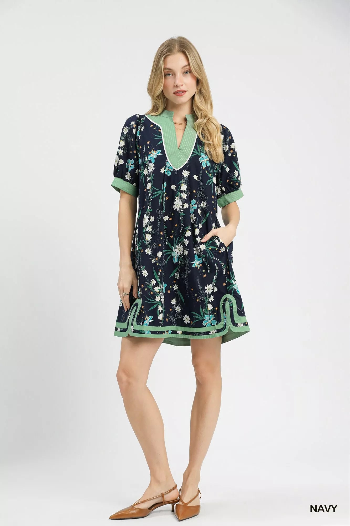 Umgee Floral Puff Sleeve Dress with Contrast Trim