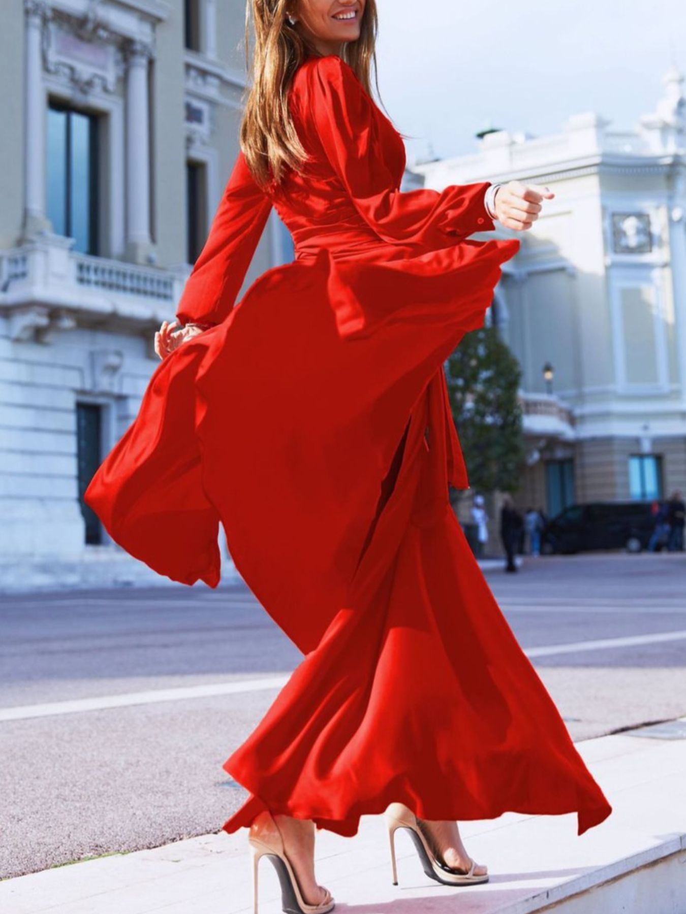 Plus Size Surplice Long Sleeve Slit Maxi Dress