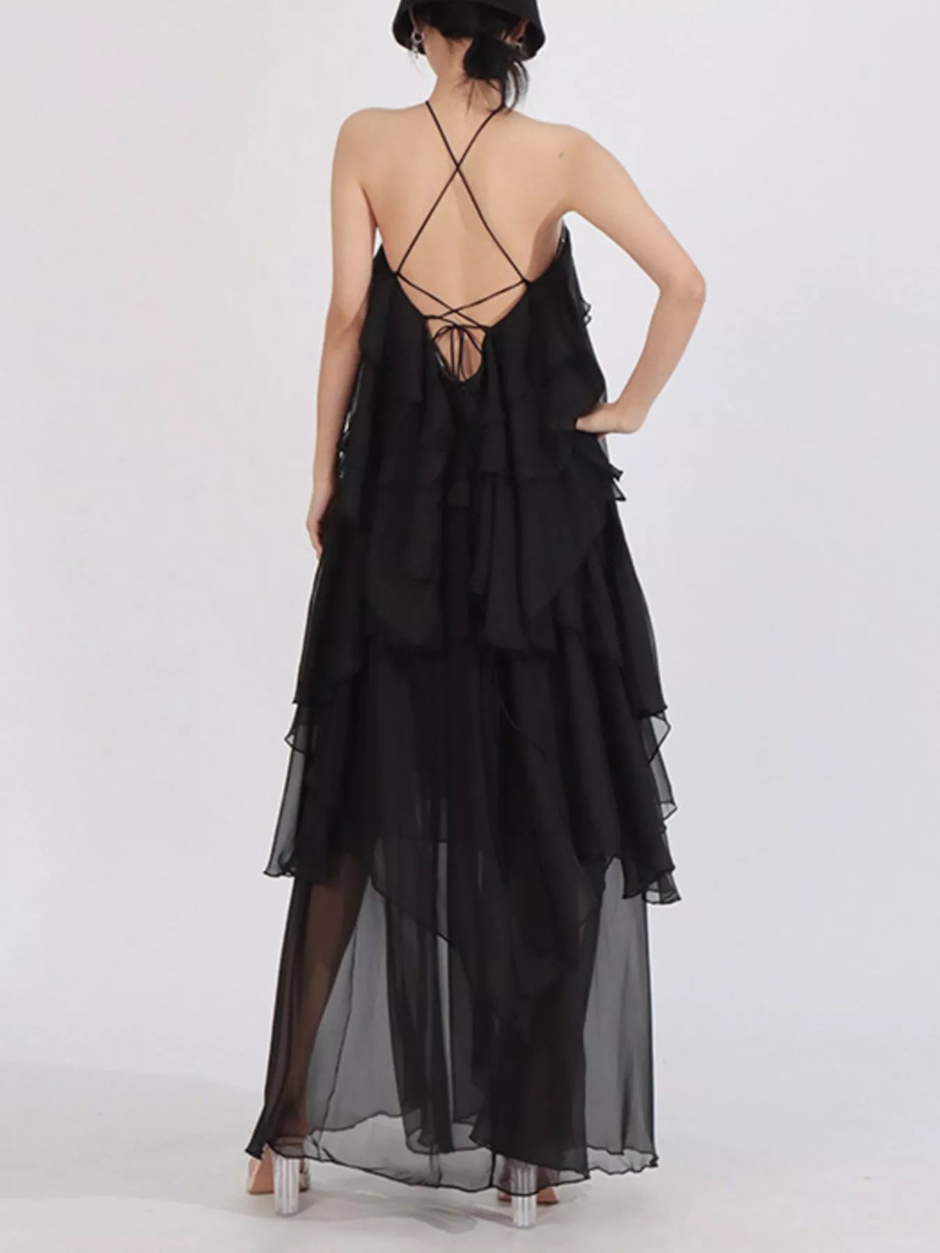 Ruffled Chiffon Halter Neck Maxi Dress