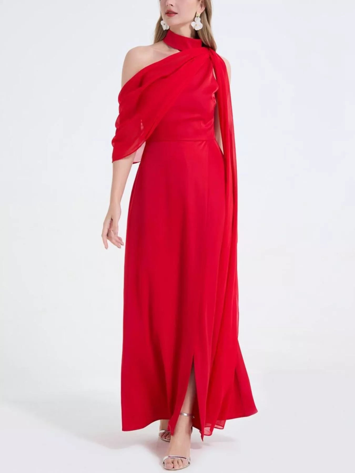 Asymmetrical Neck High Slit Maxi Dress