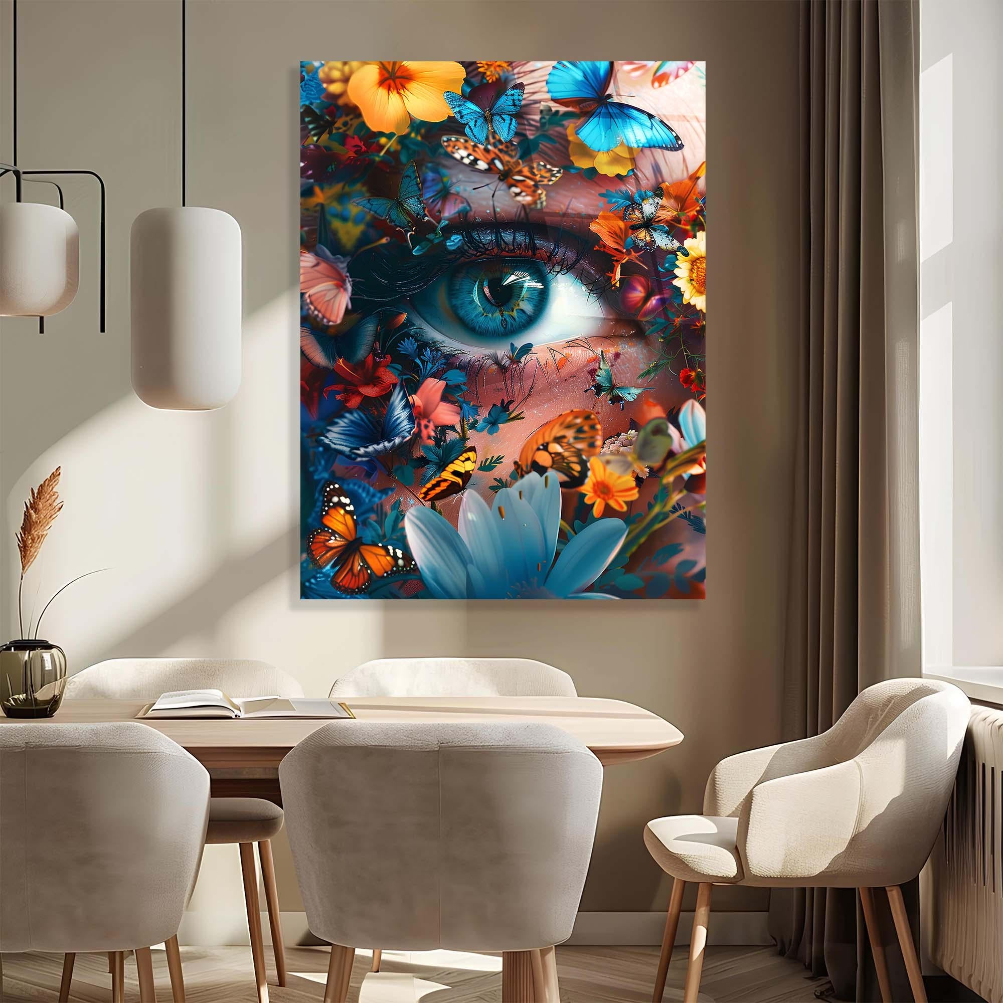 Butterfly Garden Eye Tempered Glass Wall Art | Surreal Botanical Decor