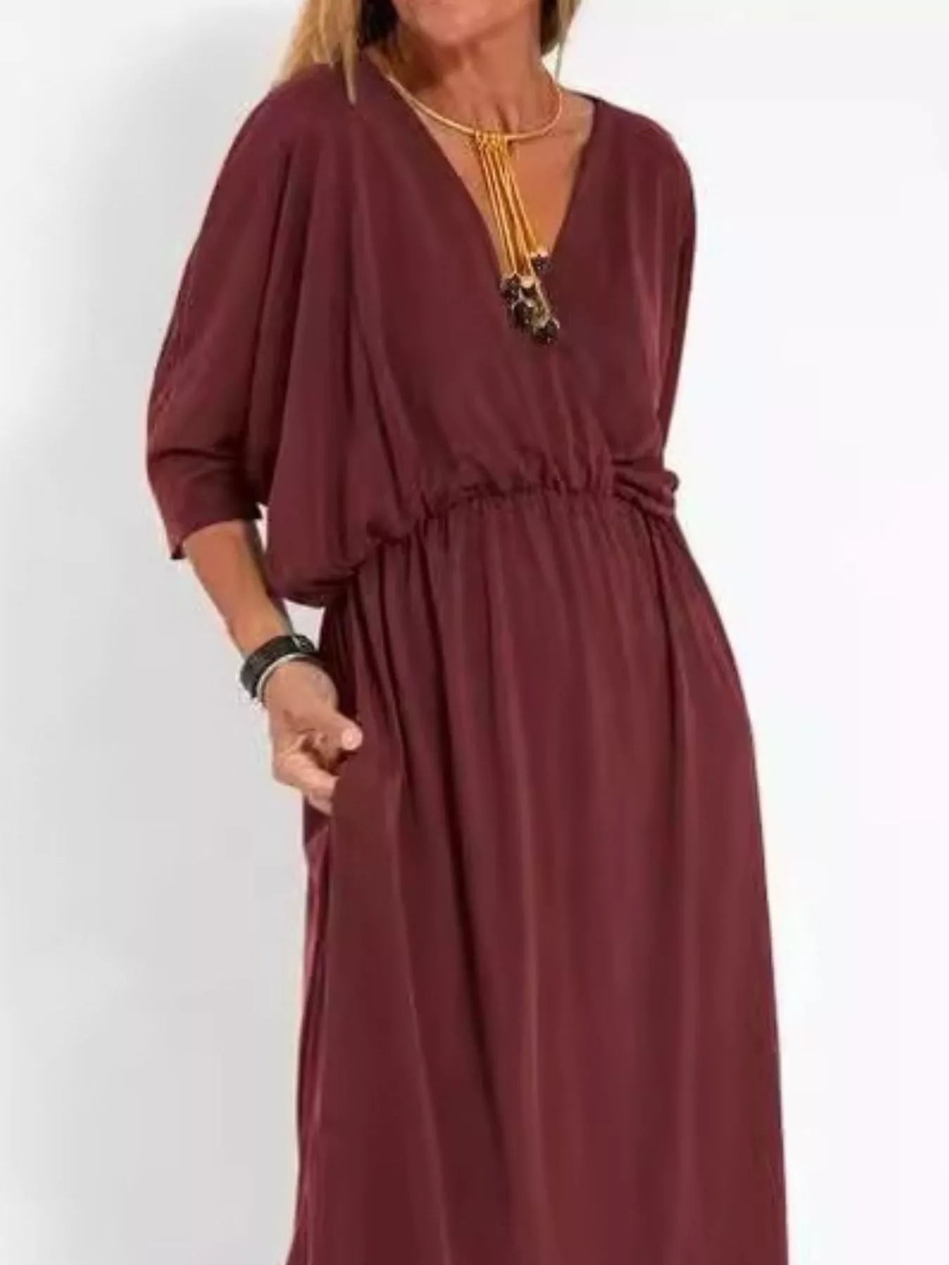 Full Size V-Neck Batwing Sleeve Maxi Dress with Side Slits Plus Size