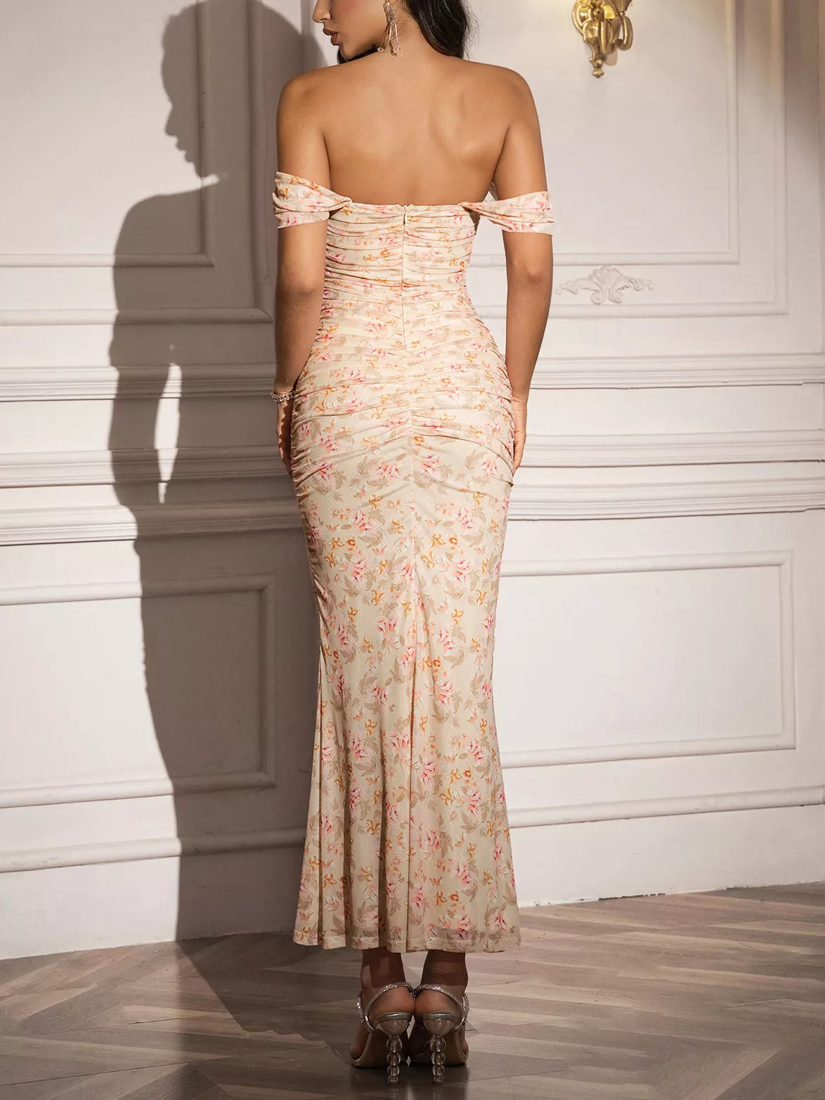 Off-Shoulder Ruched Floral Mermaid Dress
