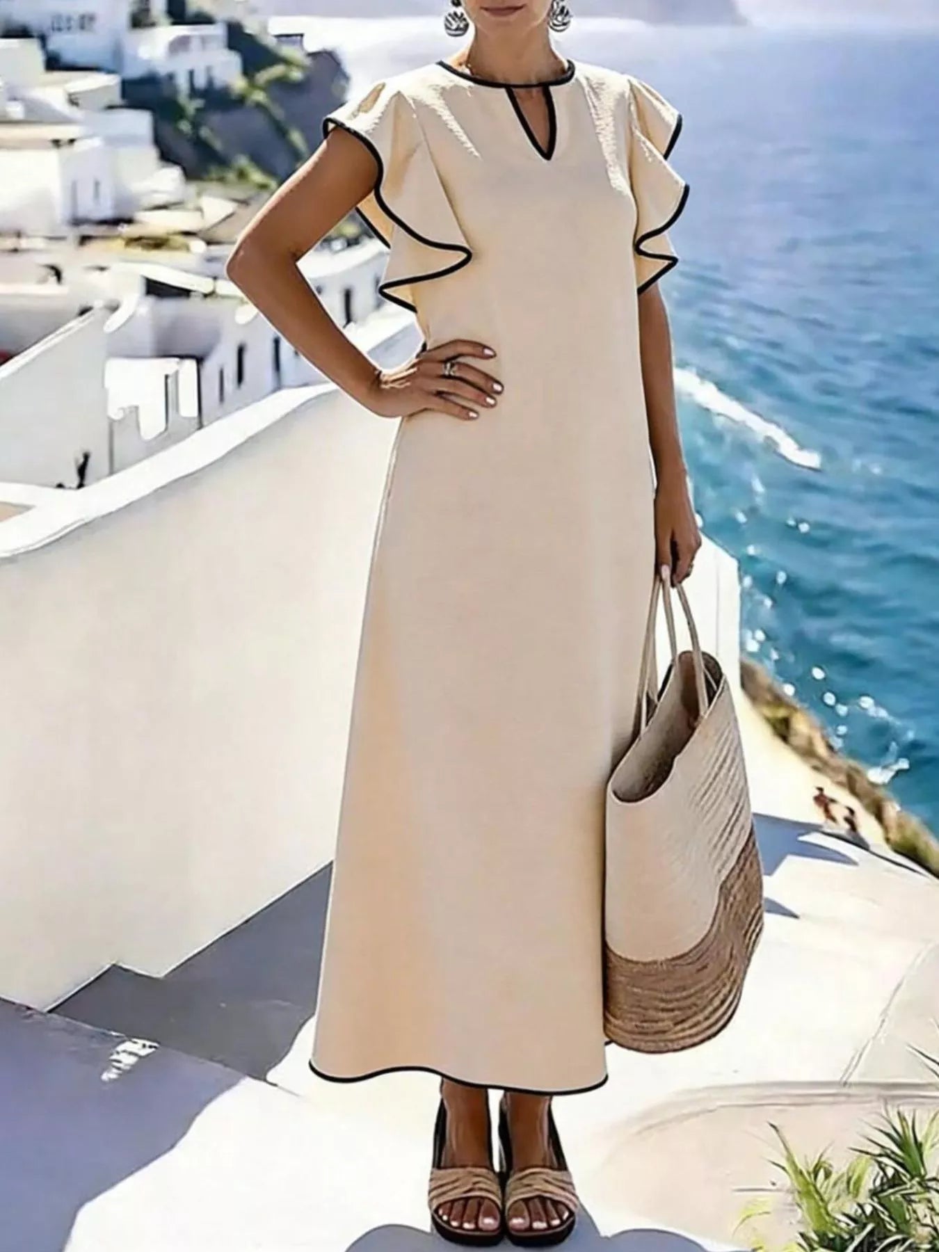 Ruffle Trim Notched Midi Dress