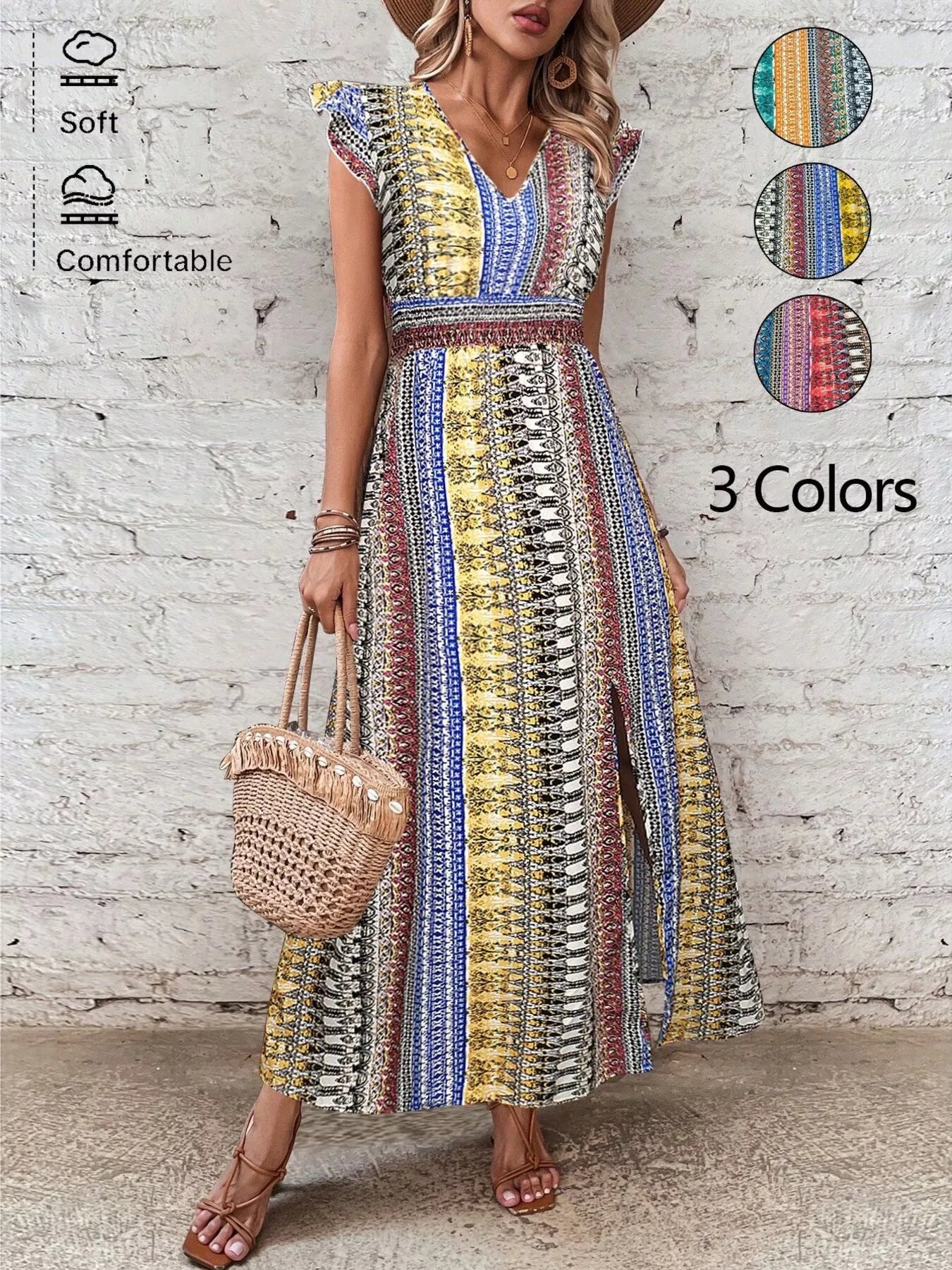 Boho Print Ruffle Sleeve Slit Dress