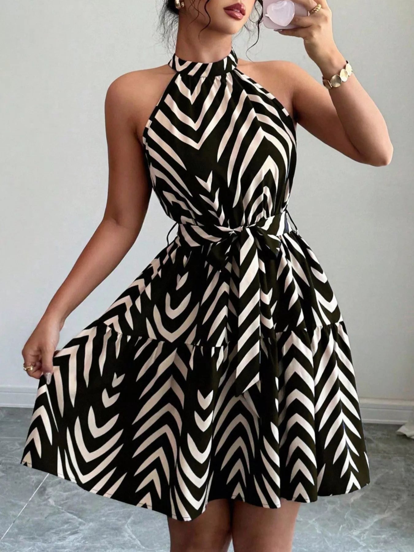 Zebra Print Halter Neck Tie Waist Ruffle Hem Dress
