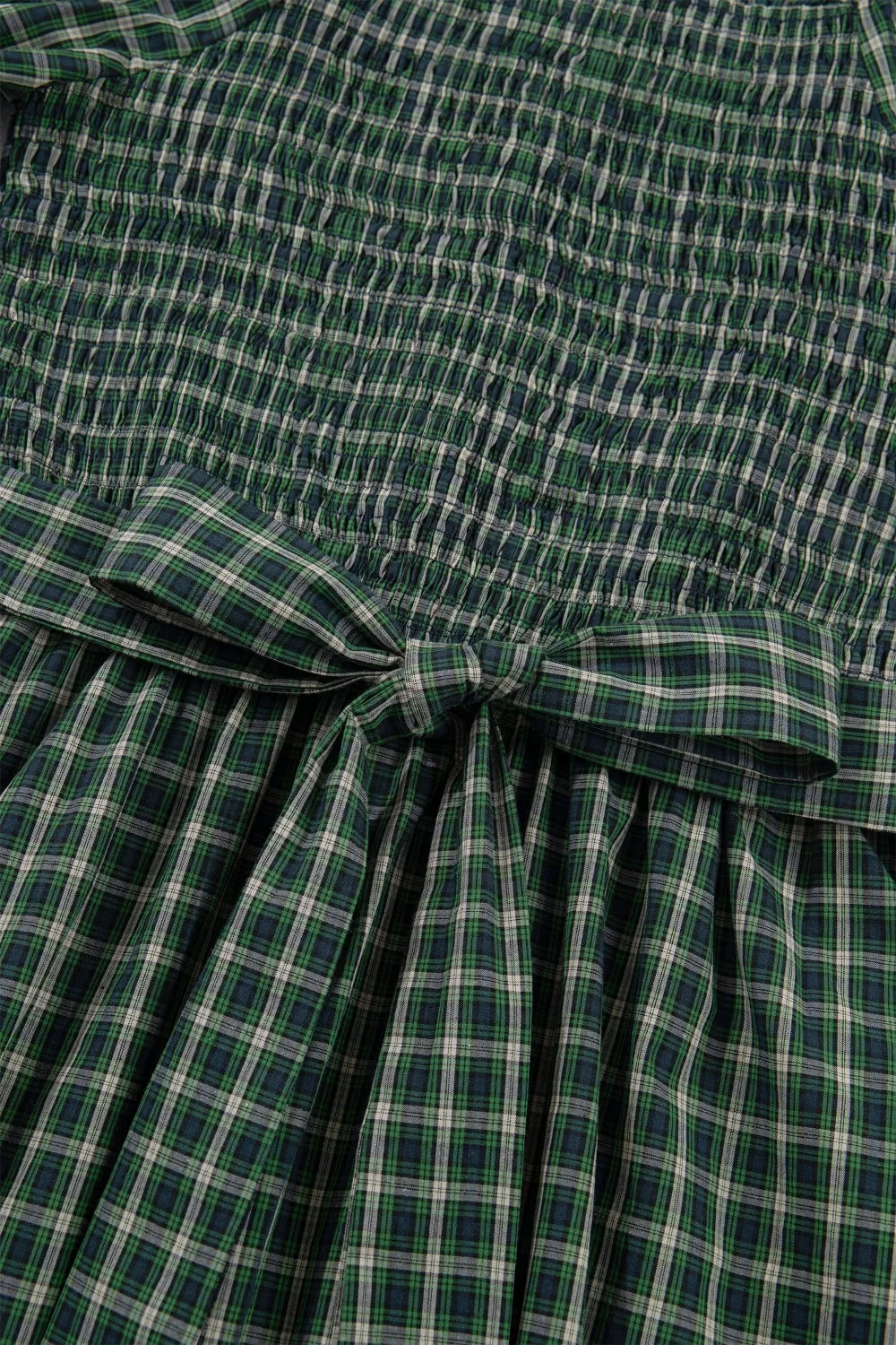 Plaid Square Neck Shirred High Waist Ruffle Hem Maxi Dress