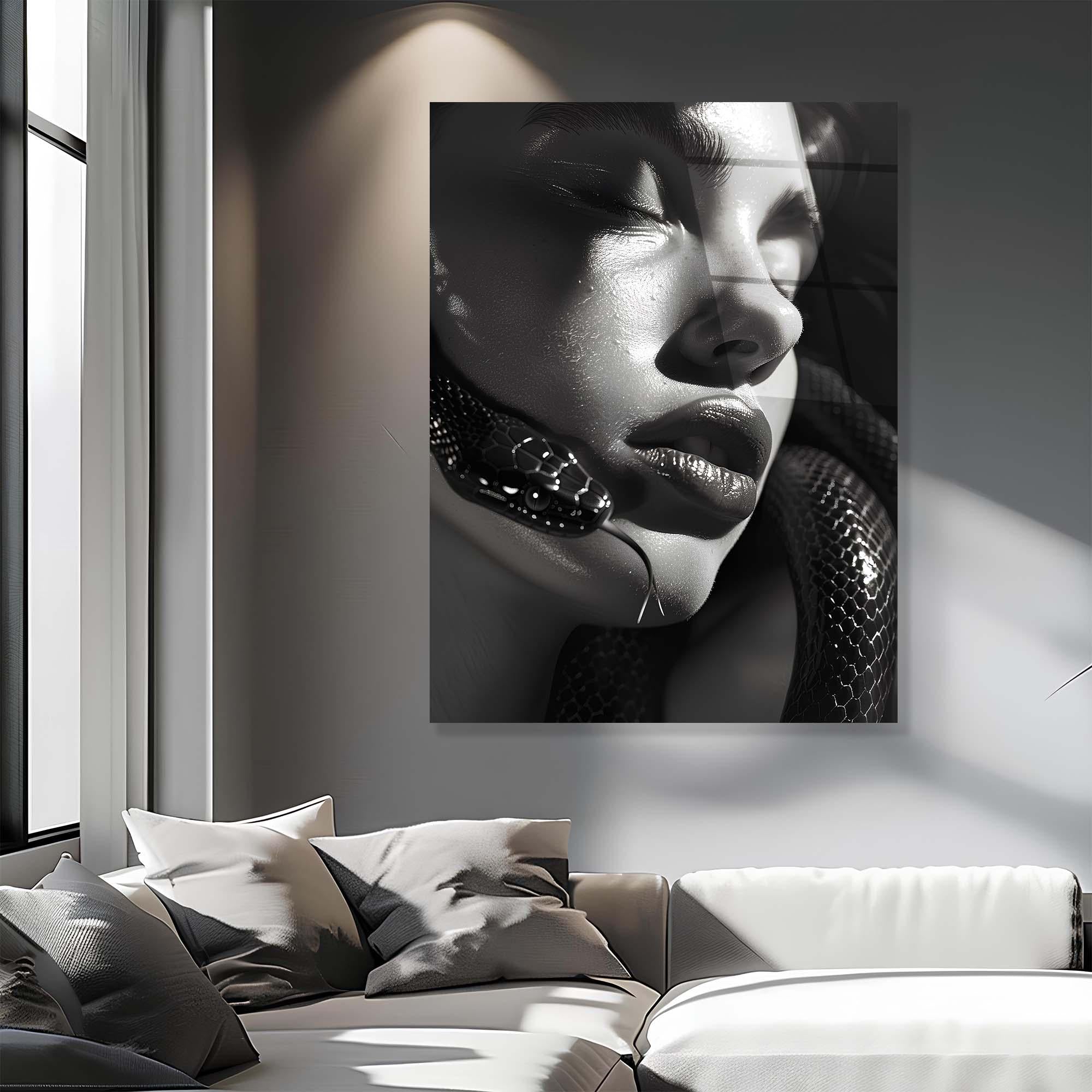 Surreal Woman and Snake Tempered Glass Art | Dark Art Wall Decor