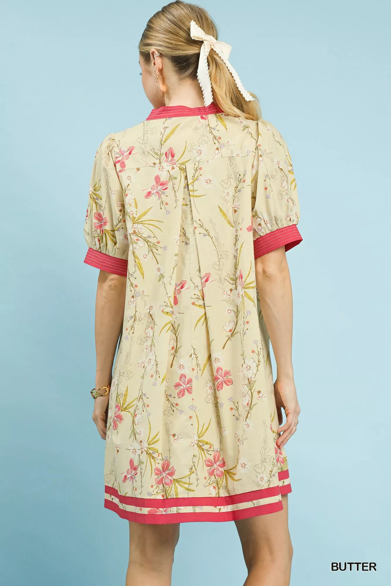 Umgee Floral Puff Sleeve Dress with Contrast Trim