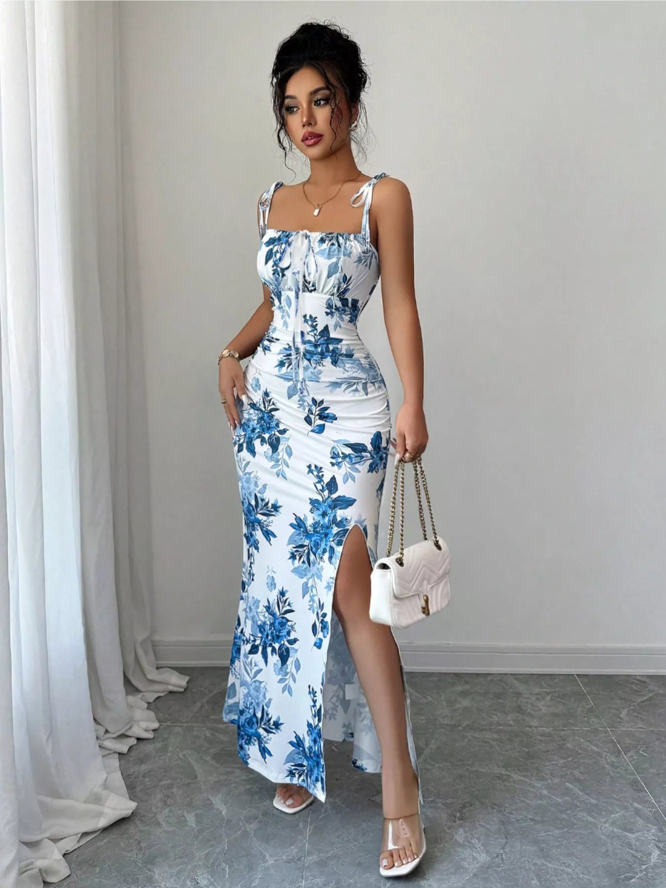 Printed Tie Strap Slit Maxi Dress
