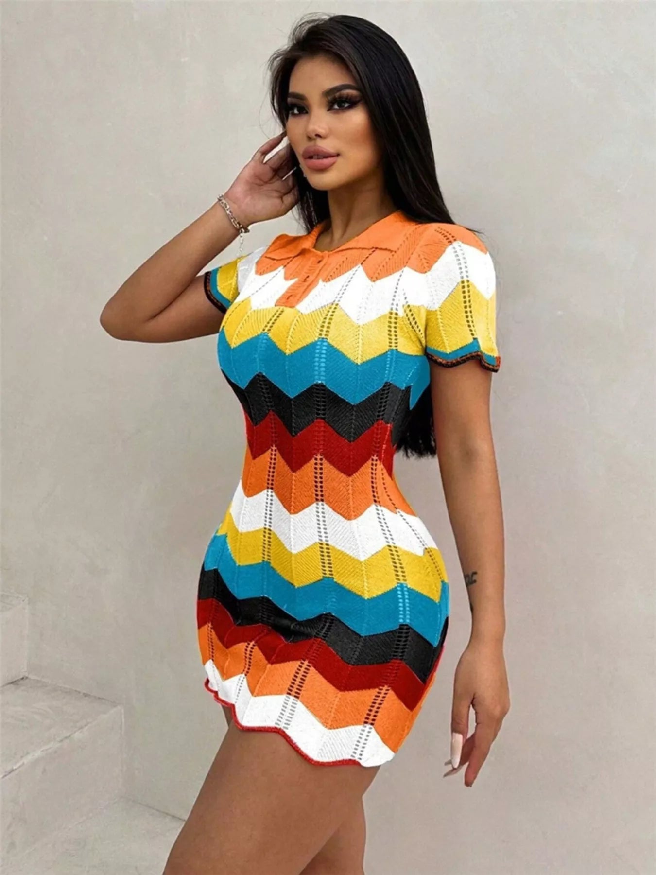 Chevron Knit Short Sleeve Sweater Dress