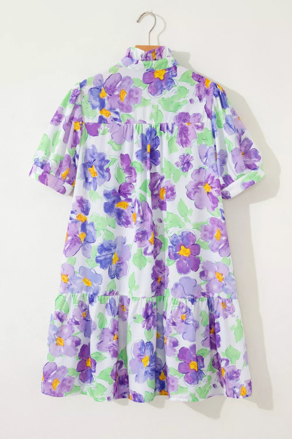 Floral V Collar Short Sleeve Tiered Ruffle Mini Dress
