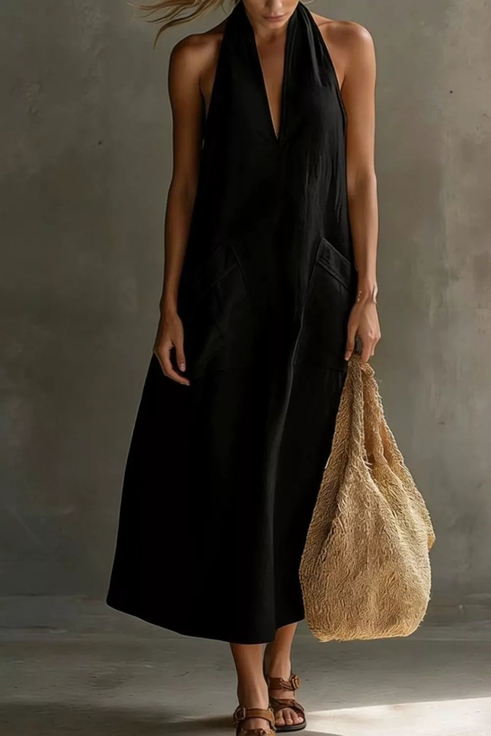 Casual Halter Neck Pocket Midi Dress