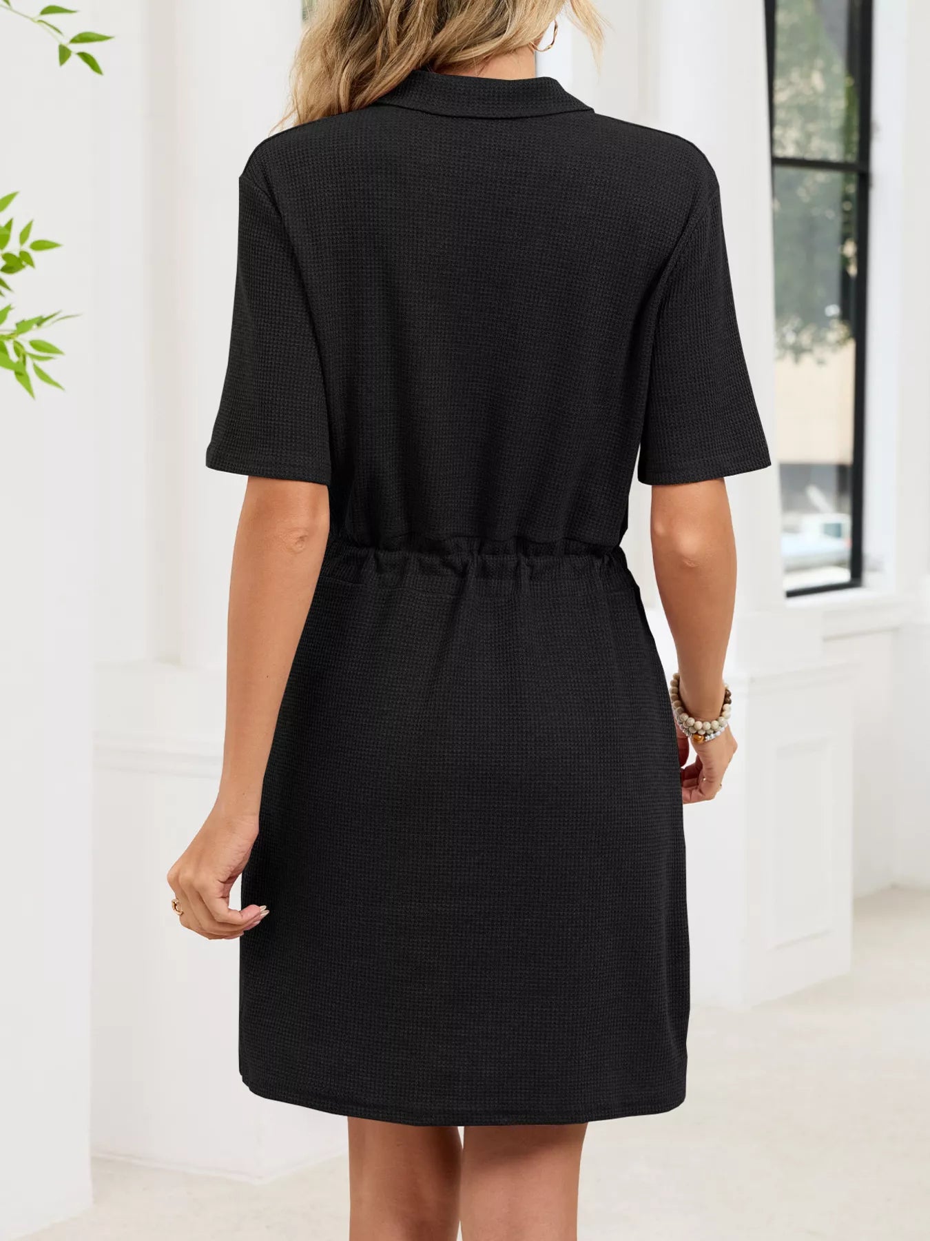 Casual Knit Polo Collar Drawstring Waist Dress