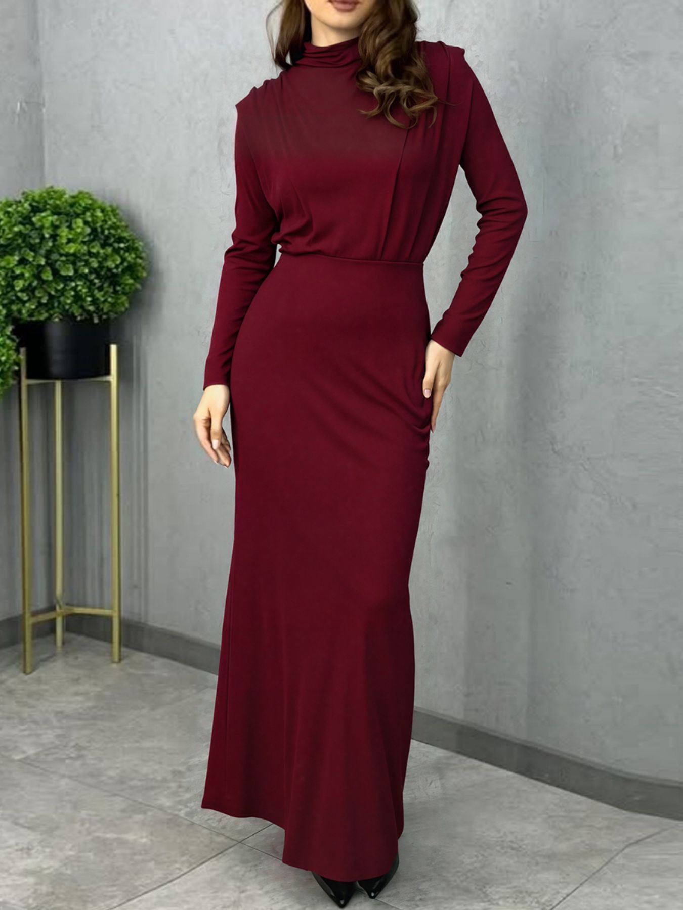 Mock Neck Long Sleeve Maxi Dress