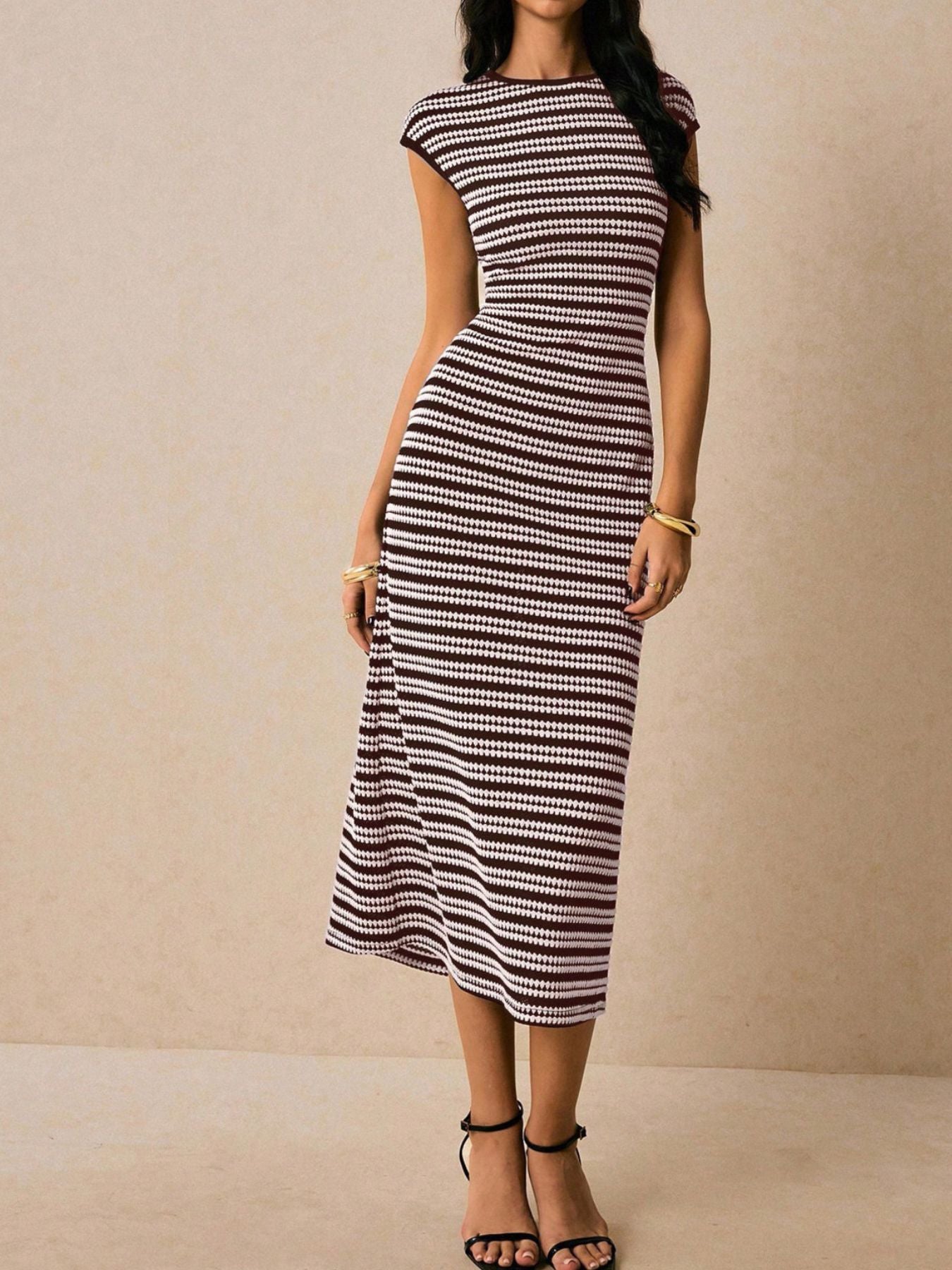Striped Cap Sleeve Bodycon Midi Dress