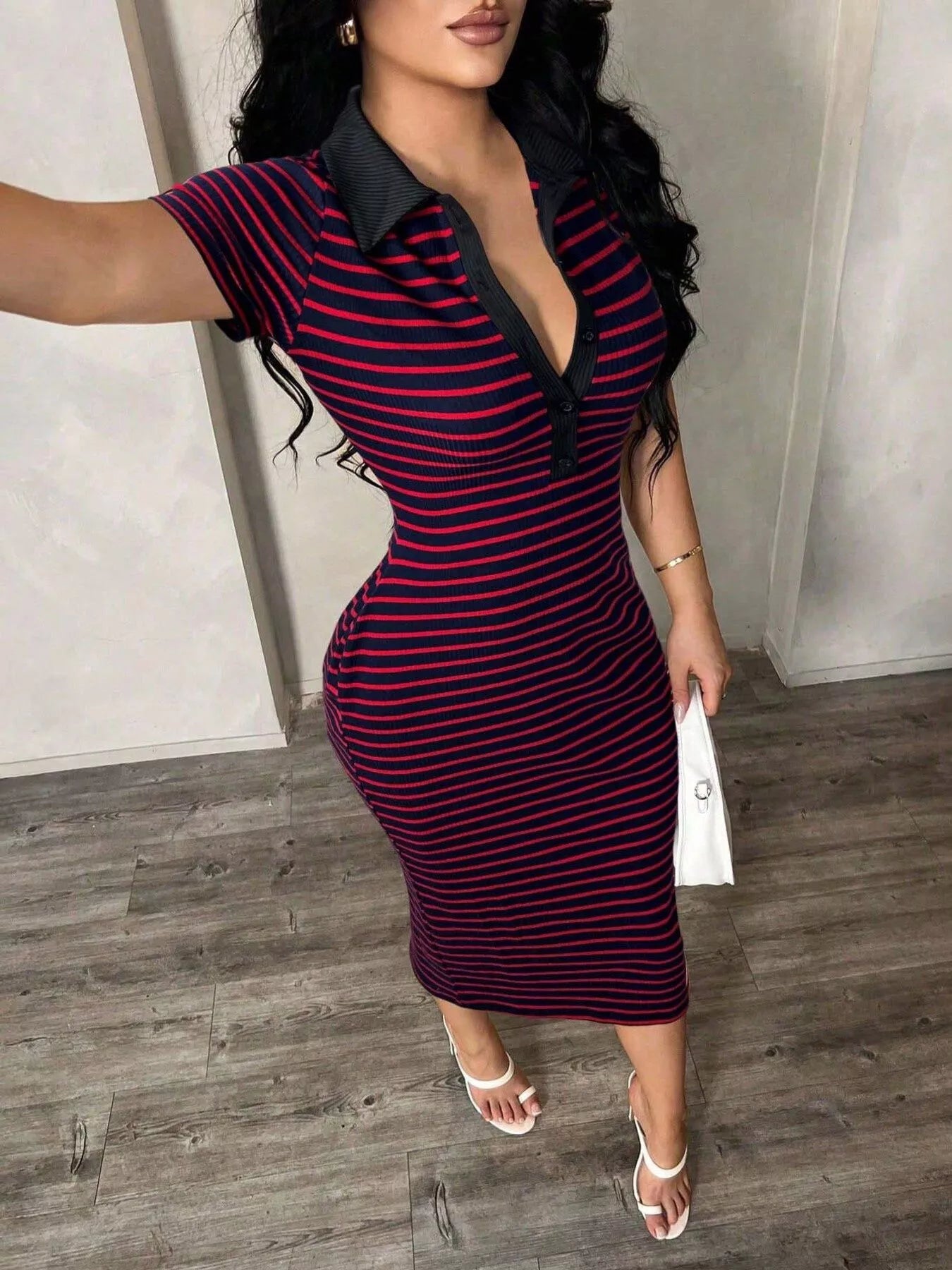 Striped Polo Collar Midi Dress