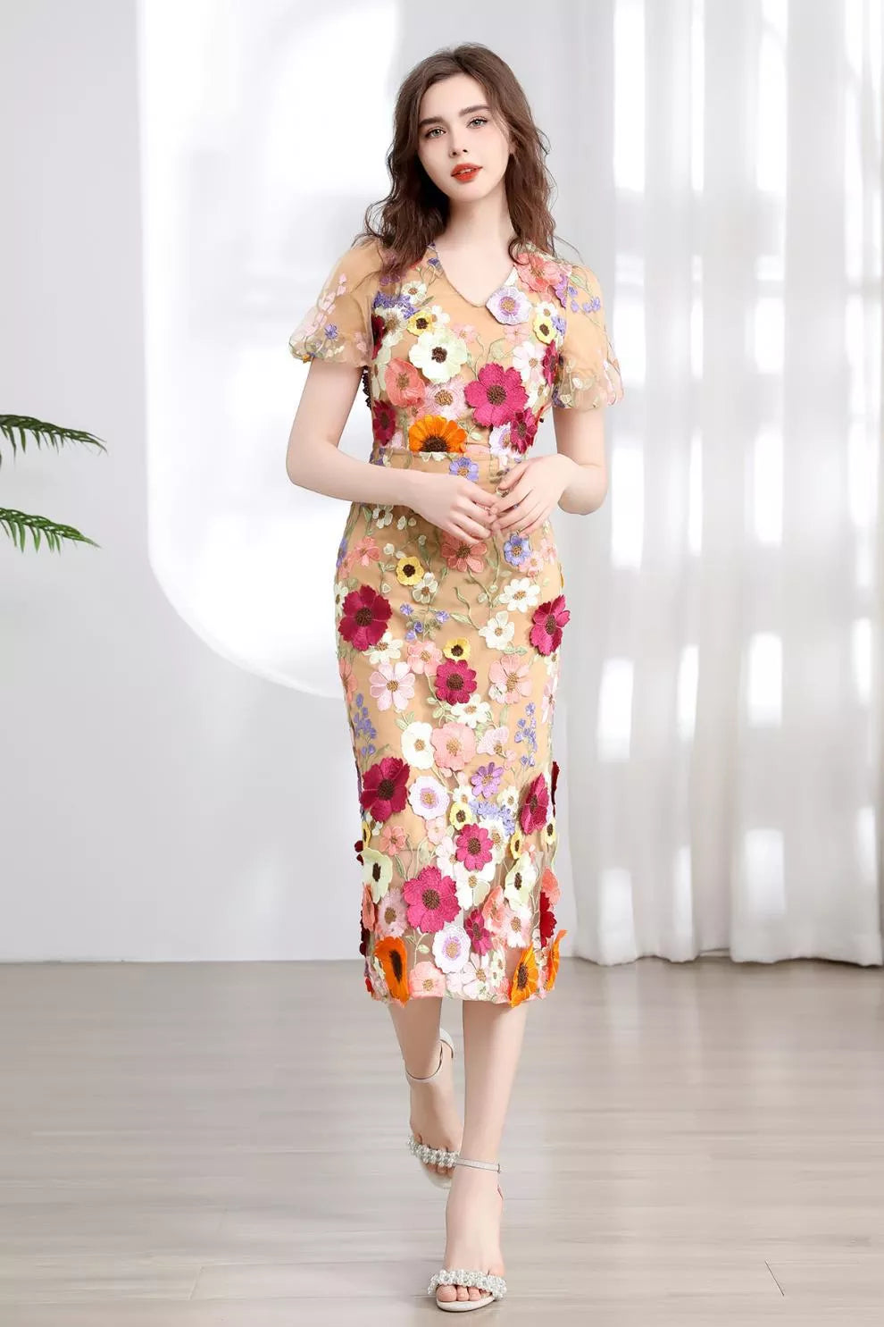 Floral Embroidered Puff Sleeve Midi Dress