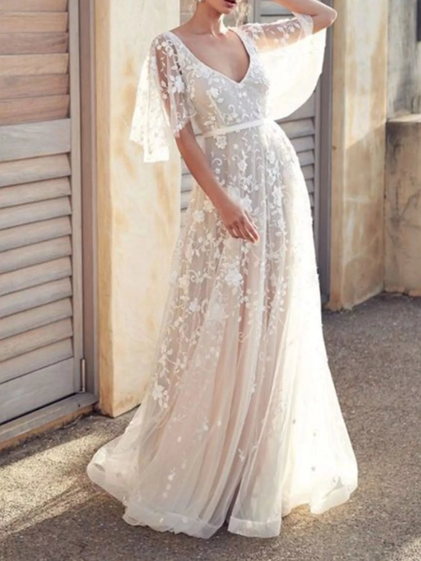 Full Size Lace Flutter Sleeve V-Neck Dress Plus Size