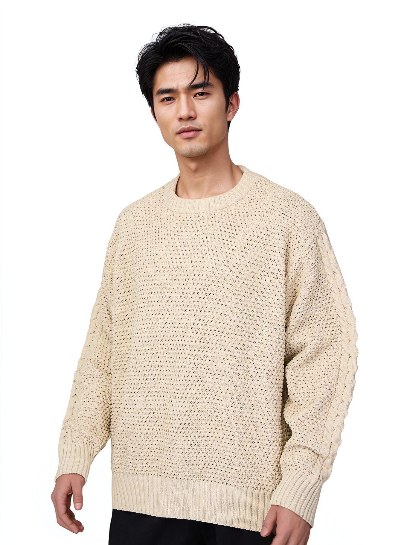 Cable Knit Wool Sweater — Relaxed Fit, Beige