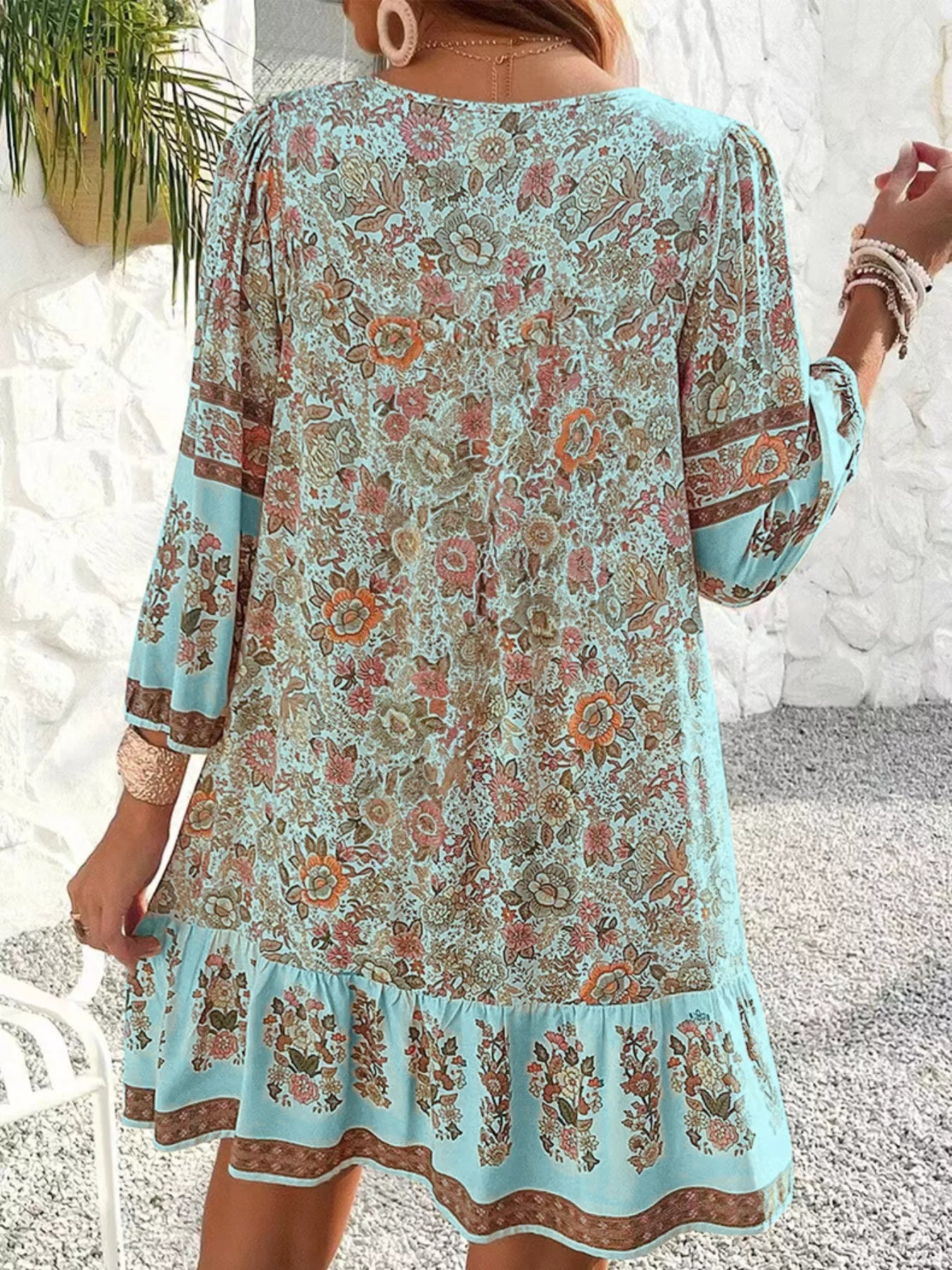 Floral Print Tassel Tie Neck Mini Dress