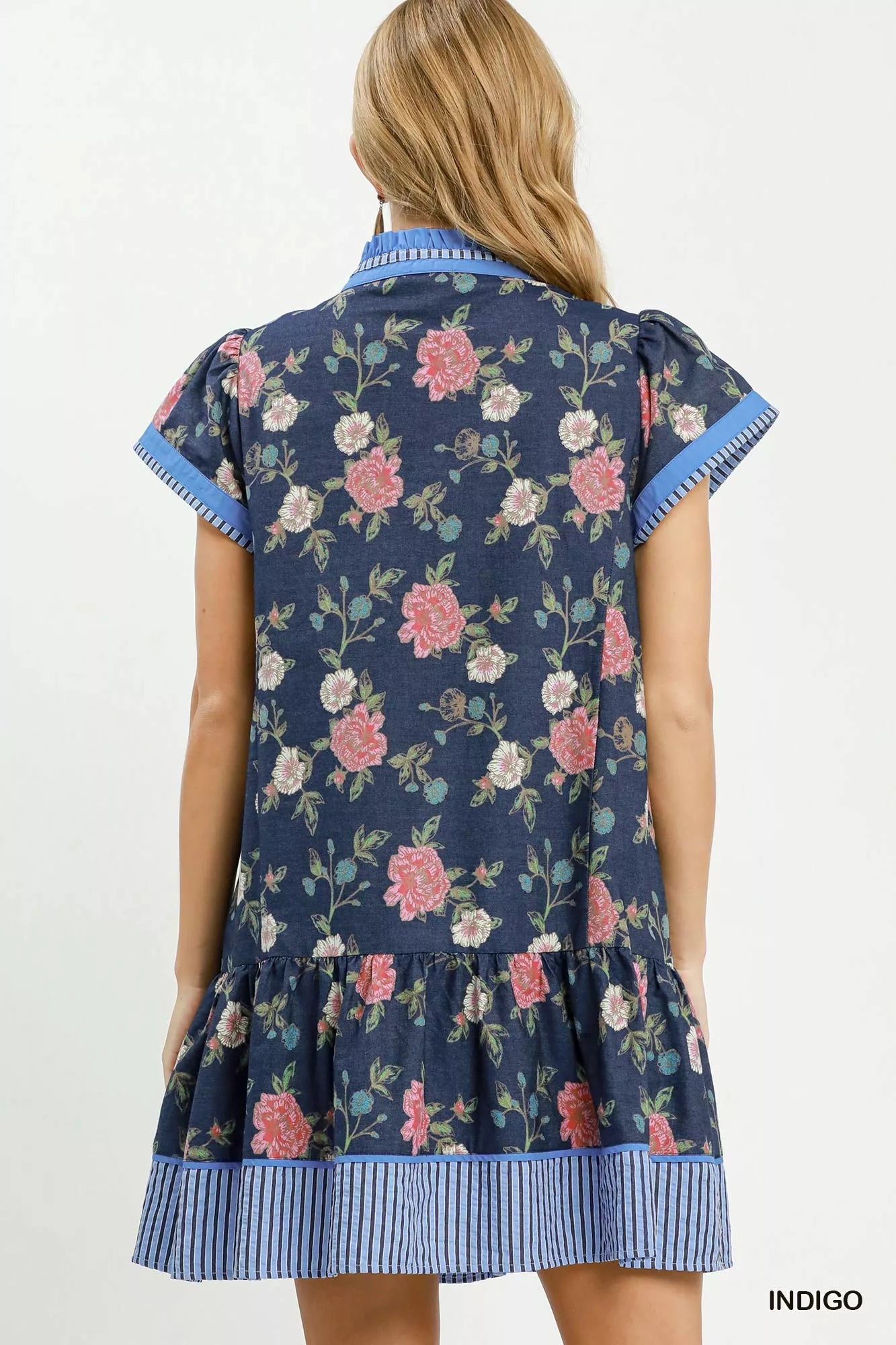 Umgee Floral Contrast Trim Ruffle Hem Mini Dress