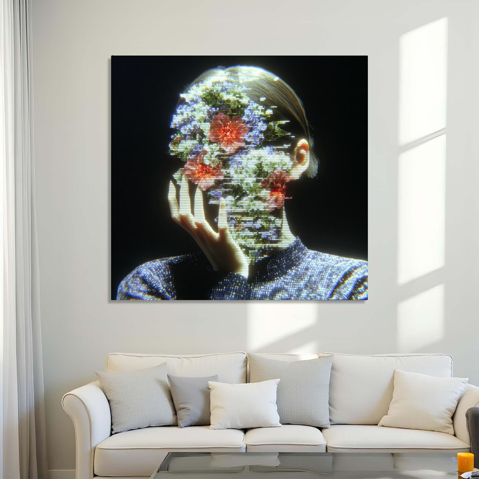 Floral Face Tempered Glass Wall Art | Modern Abstract Portrait Decor