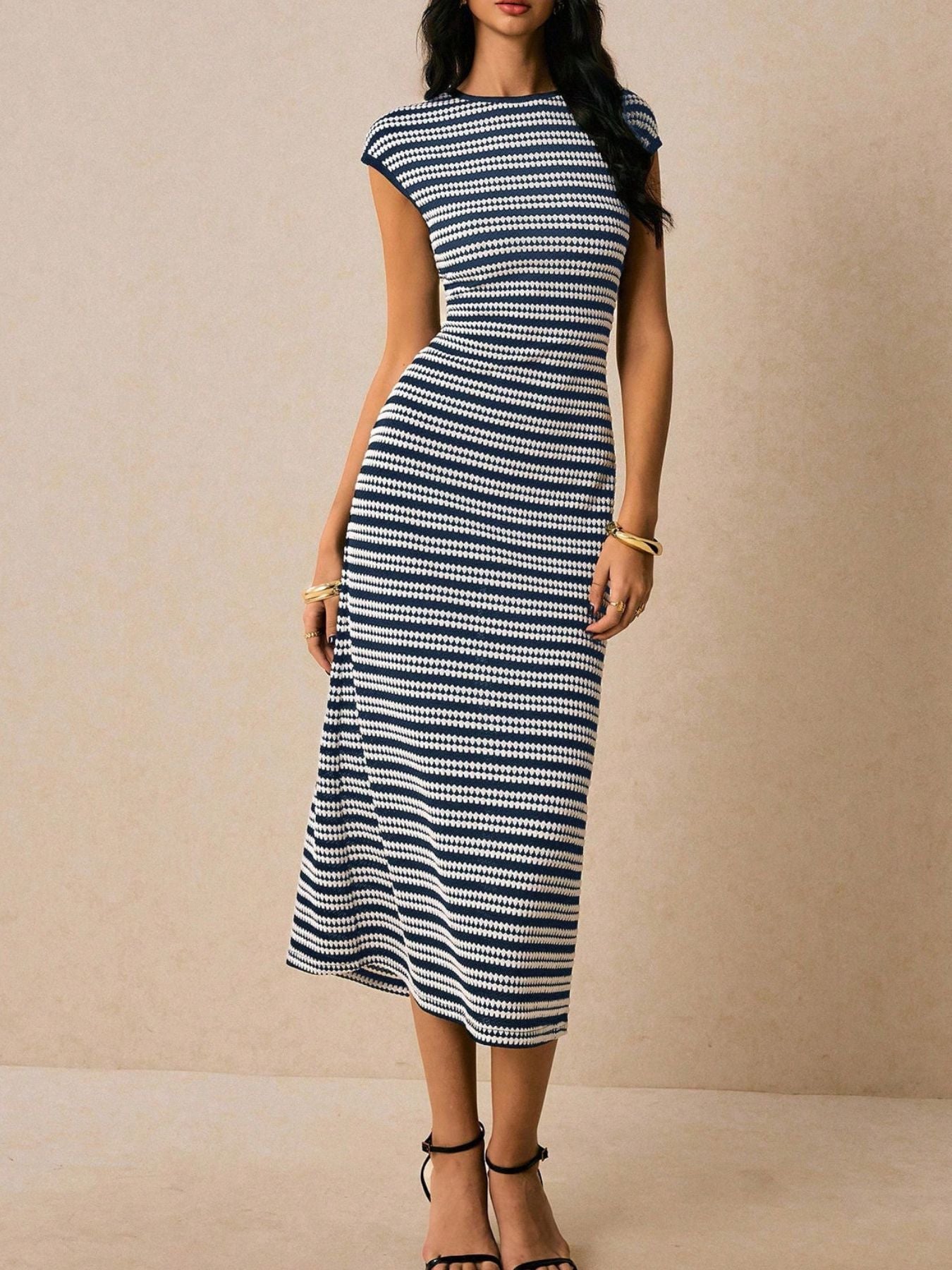 Striped Cap Sleeve Bodycon Midi Dress