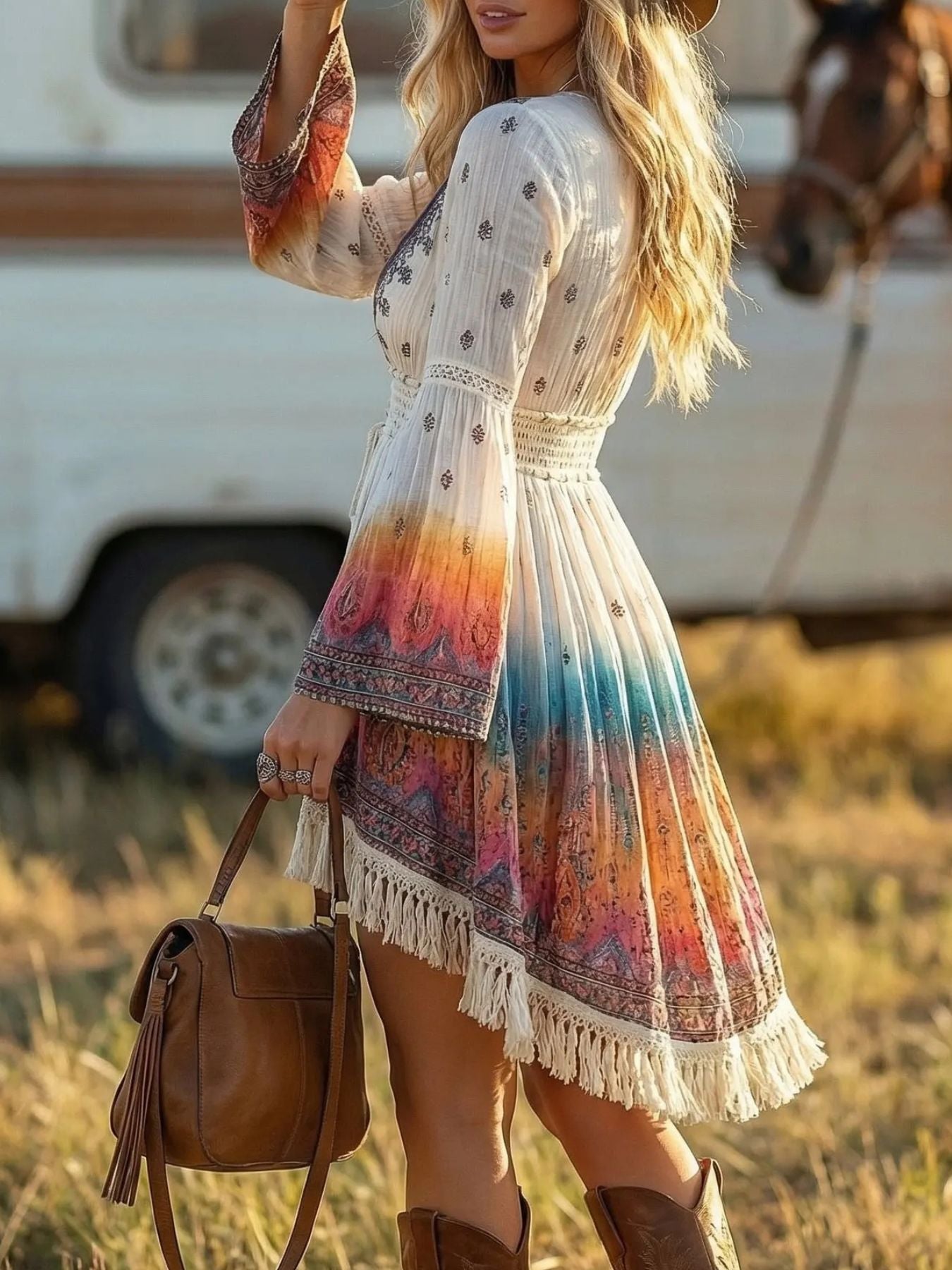 Fringe Hem V-Neck Dress