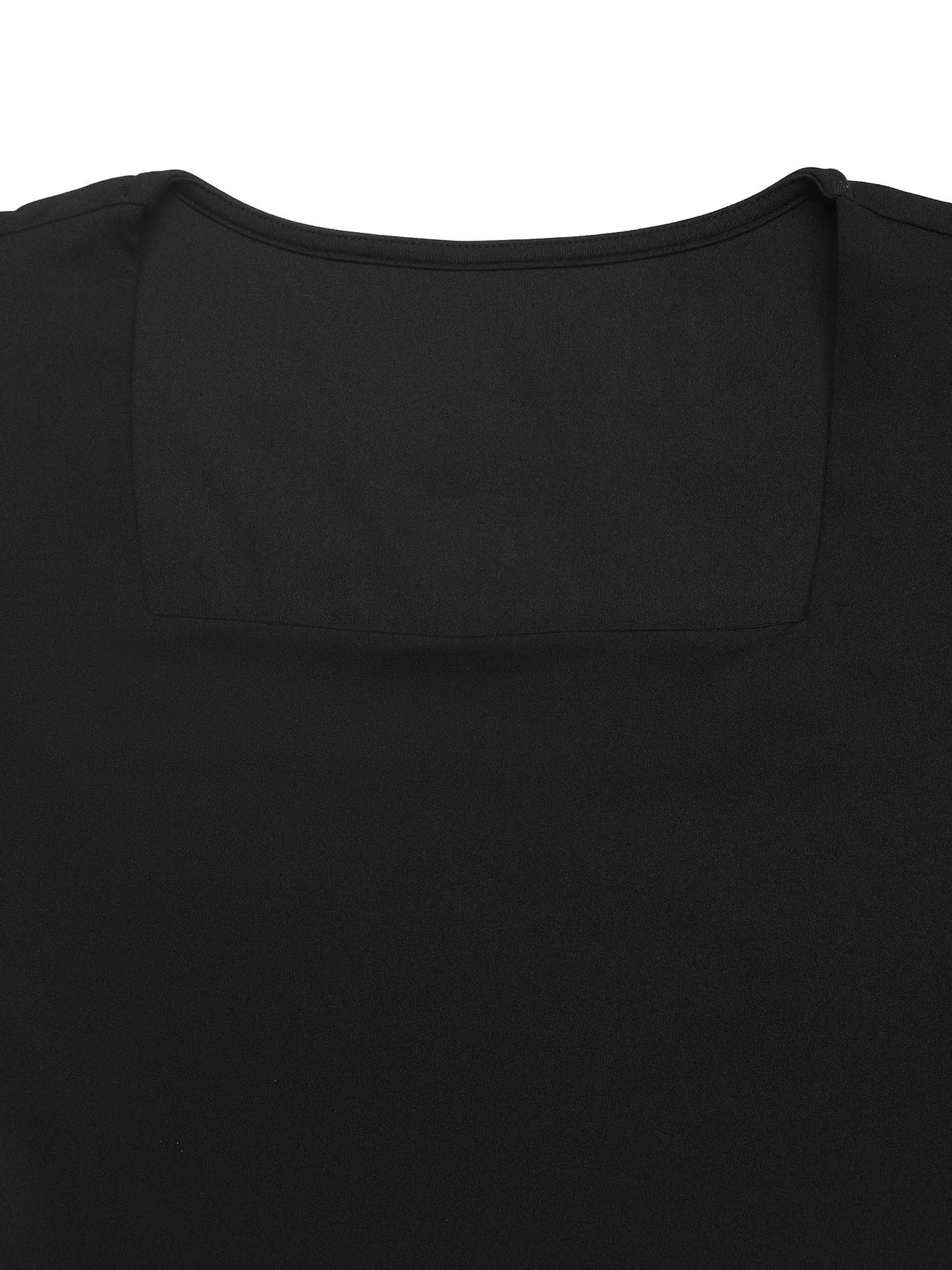 Square Neck Puff Sleeve Mesh Hem Dress