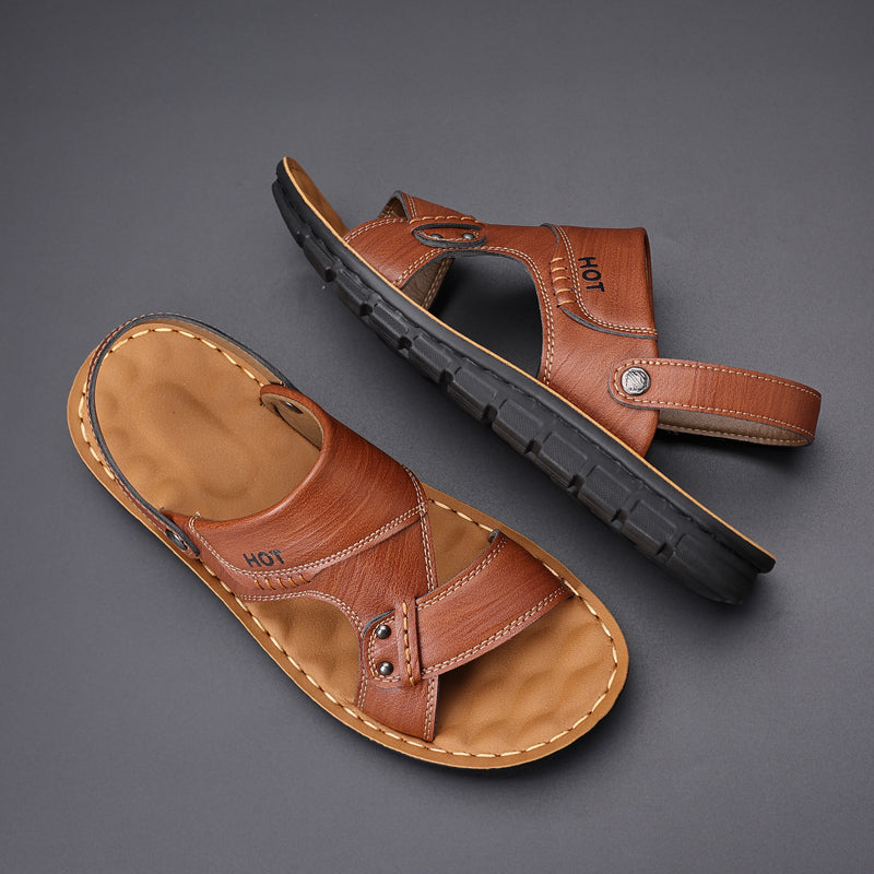 Men's Soft Leather Sandals, Summer Anti-slip Genuine Soft Leather Dual-wear Casual Soft Sole Sandals For Middle-aged Dad & Beach
