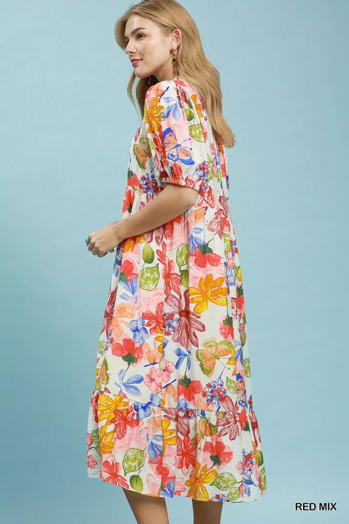 Umgee Watercolor Floral Tiered Midi Dress