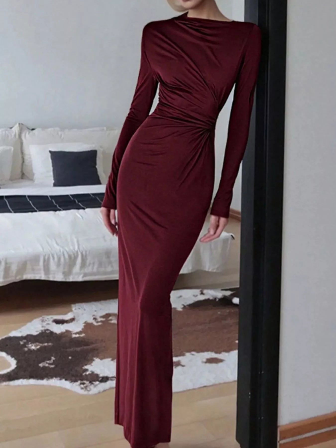 Ruched Long Sleeve Bodycon Maxi Dress