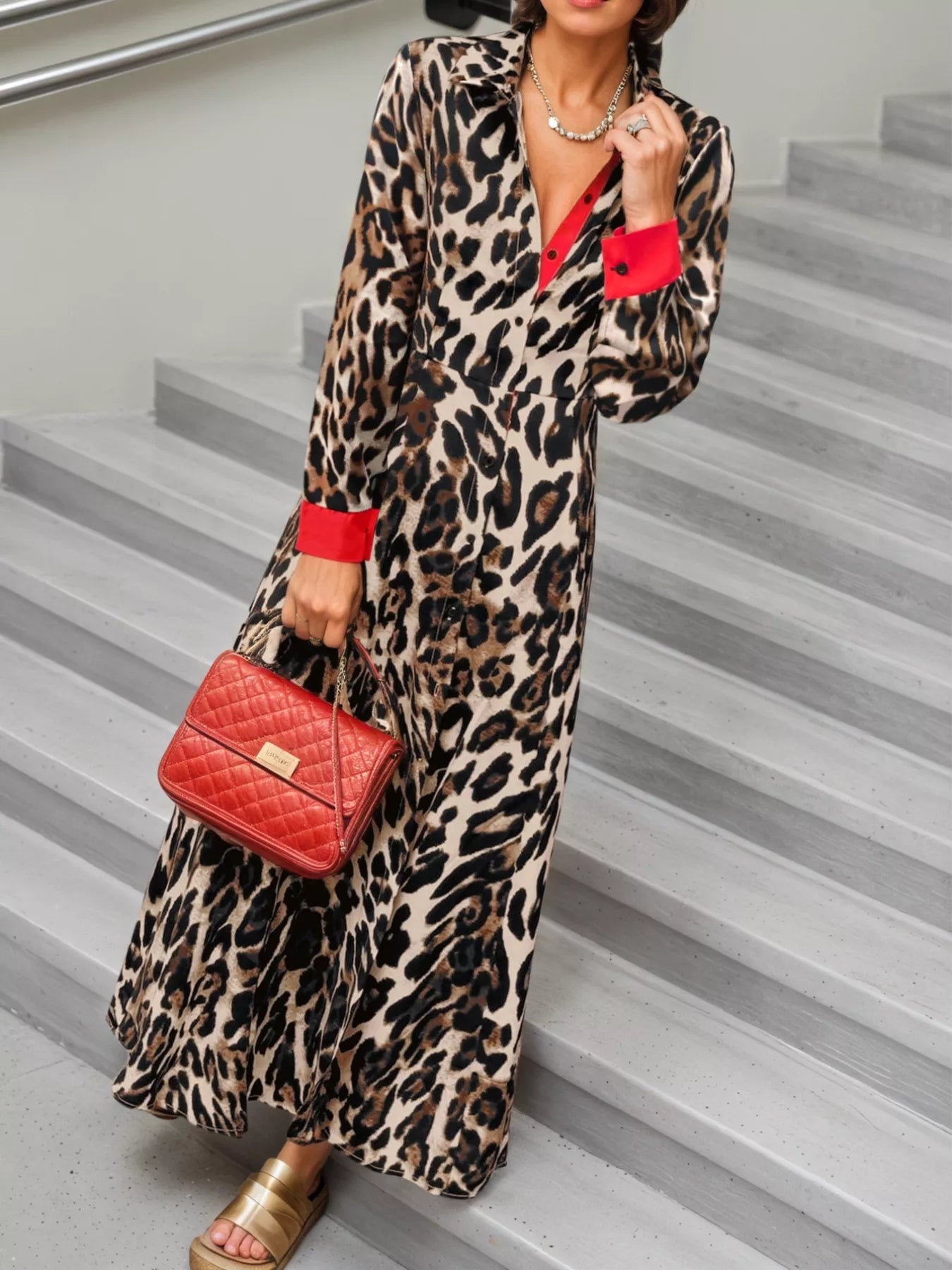 Leopard Print Long Sleeve Shirt Dress with Contrast Trim